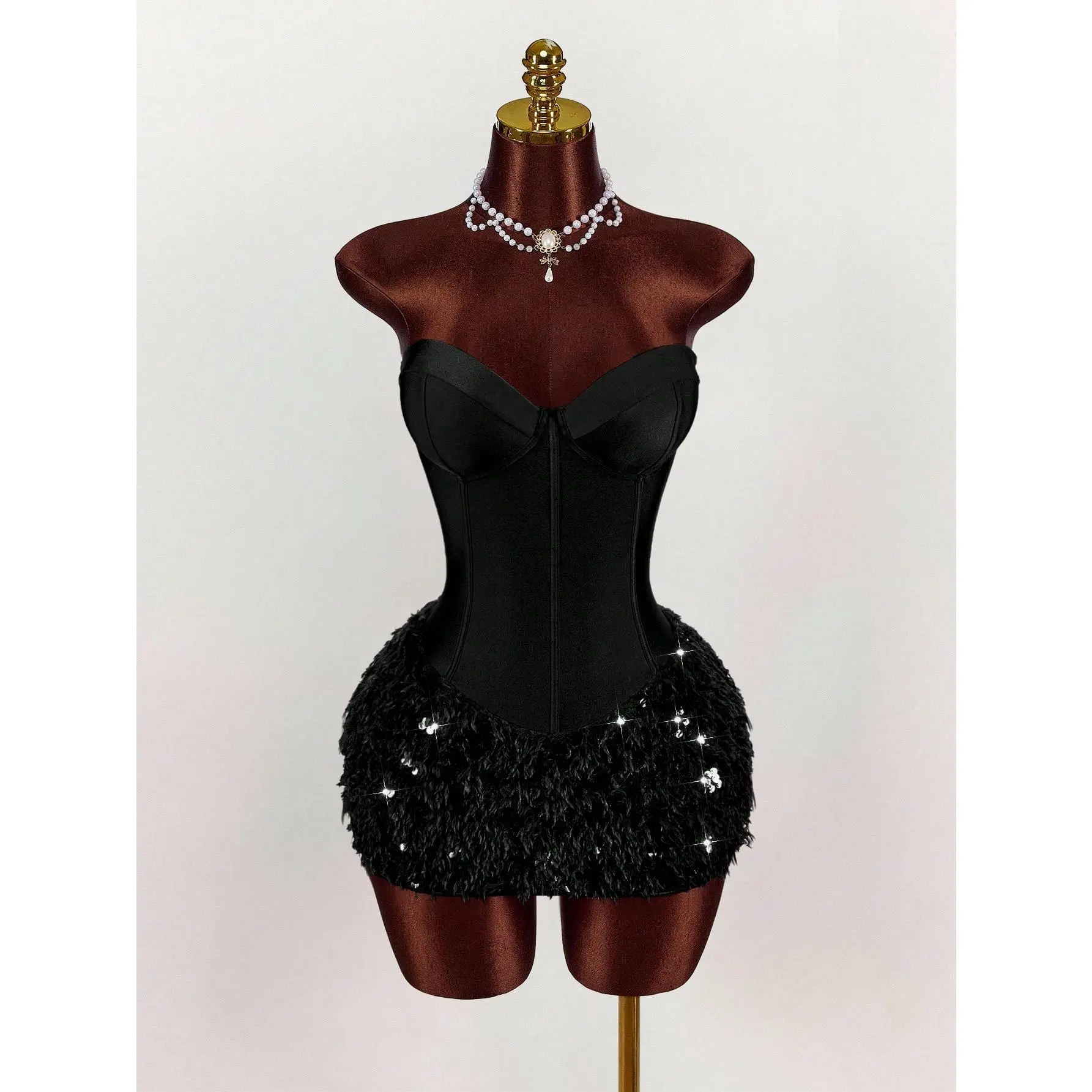 Women's Solid Color Bustier Patchwork Faux Fur Hem Fitted Fashionable Mini Dress, Birthday Party Dress, Christmas Party Dress