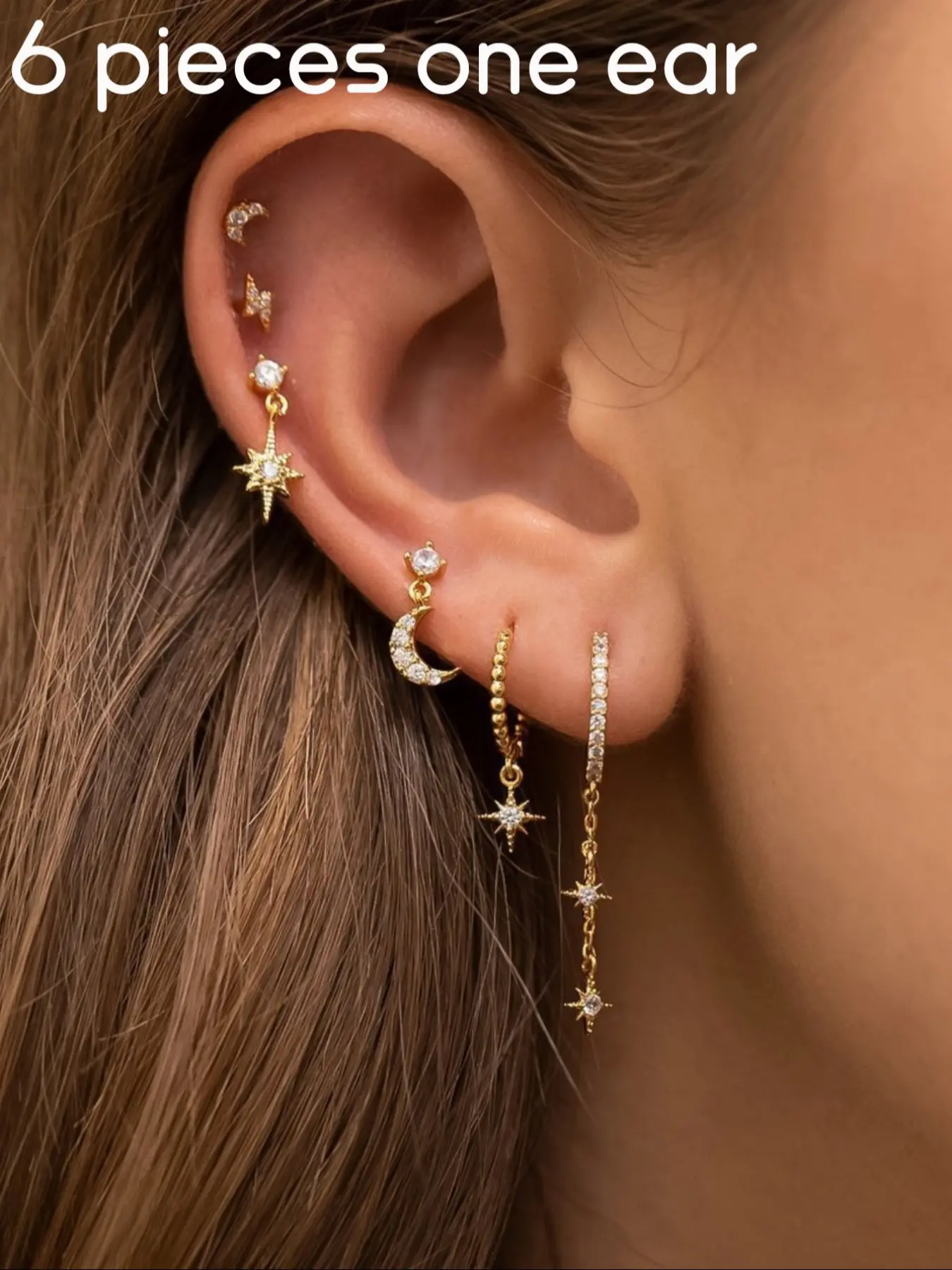6/3pcs Set Star Moon Cartilage Piercing Earrings, Cubic Zirconia Stainless Steel Pendant Chain, Hoop Earring Piercing Jewelry Stud Earring Sets Ear Cartilage Studs