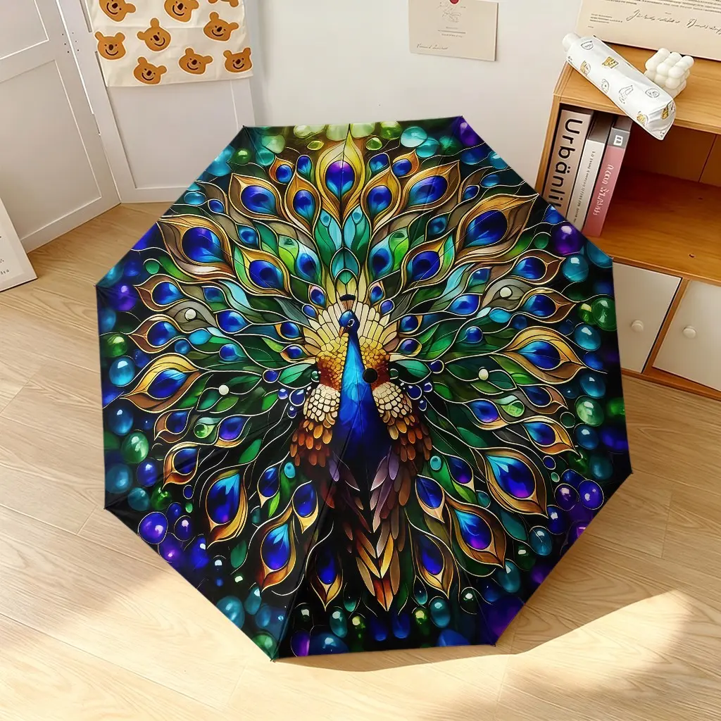 New Peacock Feather Design Folding Umbrella, Outdoor Travel Umbrella, Birthday Gift, Festival Gift, Rain and Sun Protection