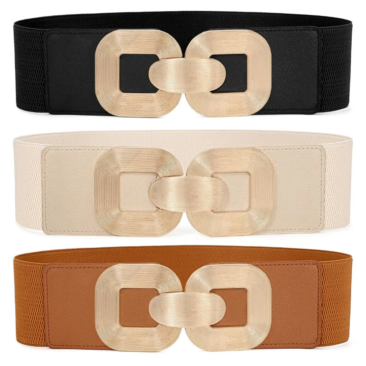 SUOSDEY Women Wide Elastic Waist Belt for Dresses Fashion Gold Buckle Stretchy Leather Waistband for Ladies, Dress Belts, Adjust-Fit Women's Belts