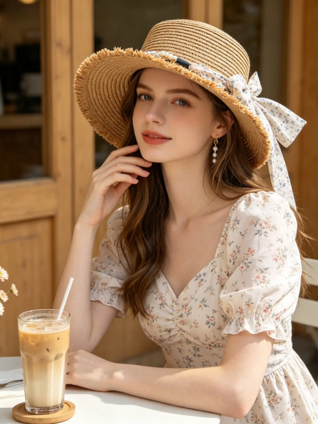 Elegant Fringe Wide Brim Straw Hat, 2 Styles Convertible Foldable Sun Hat with Pearl Rhinestone Floral Ribbon, Adjustable Lightweight Woven Hat for Spring Summer Outfits