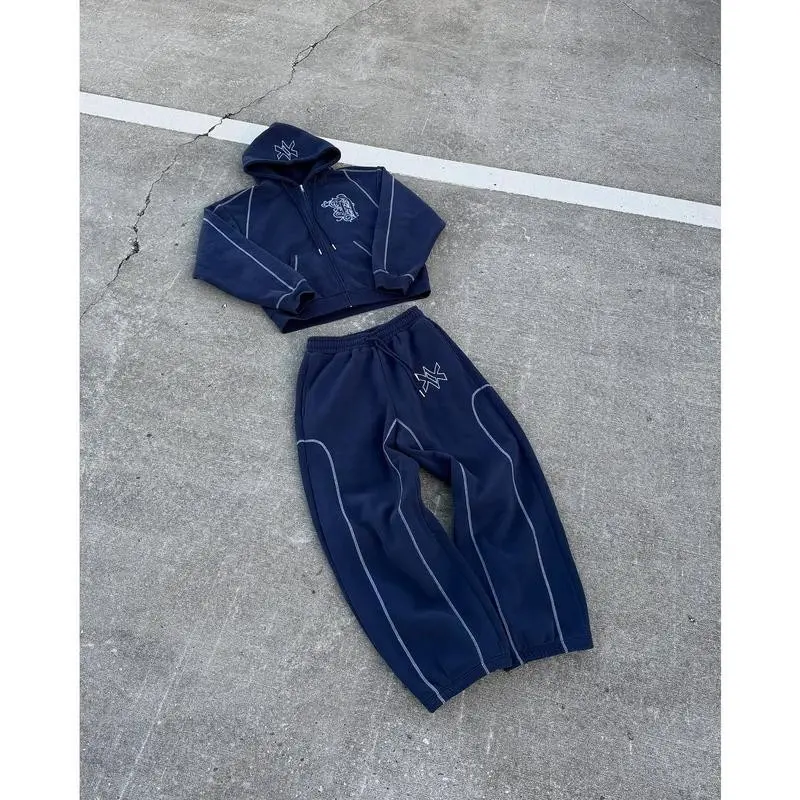 American Y2K Casual Zipper Hoodie Sweatpant Two Piece Set HipHop Oversized Embroidery Sweatshirts Men Casual Pants