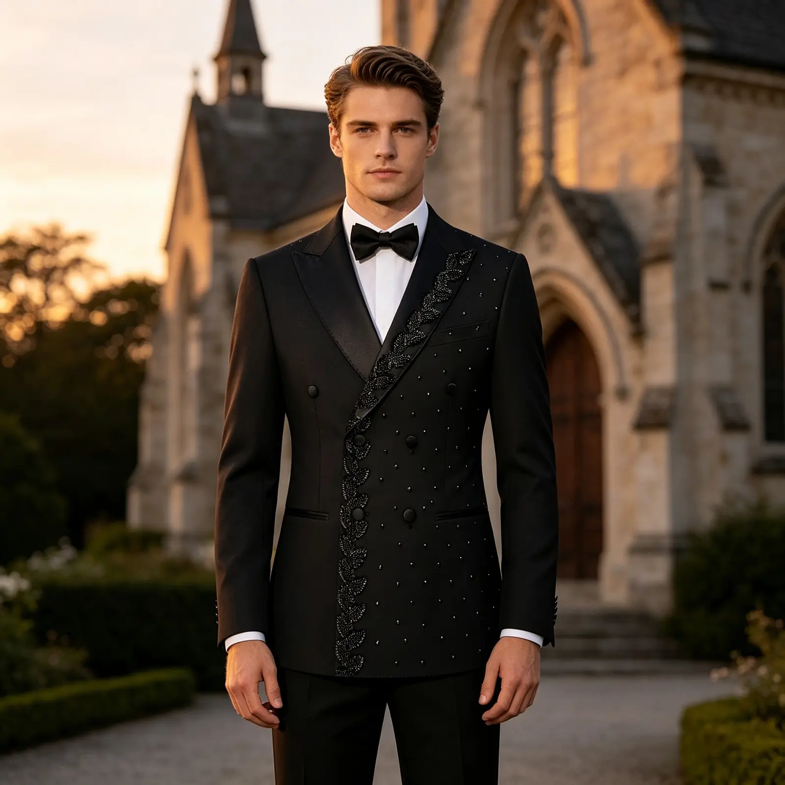Luxury 2 PCS Men Gold Tuxedo with Gold Embroidery & Rhinestone Peak Lapel. Includes Jacket, Trousers & Free Black Bow Tie. Slim‑fit for Wedding, Prom and Formal Evening Occasions.