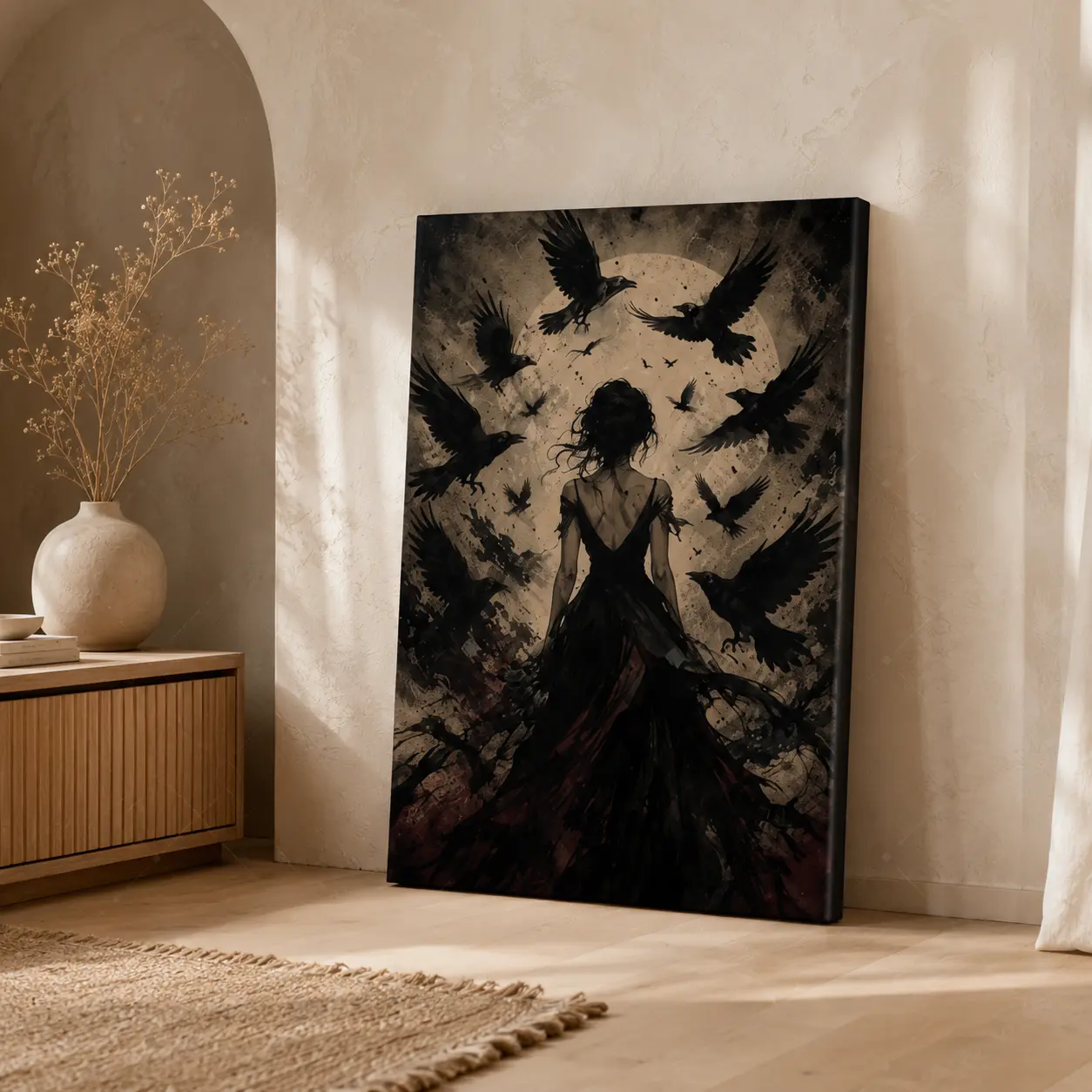 Moody Gothic Woman with Ravens Vertical Canvas Wall Art, Dark Fantasy Poster, Home Decor for Living Room Bedroom Study, ,wall decor,poster.