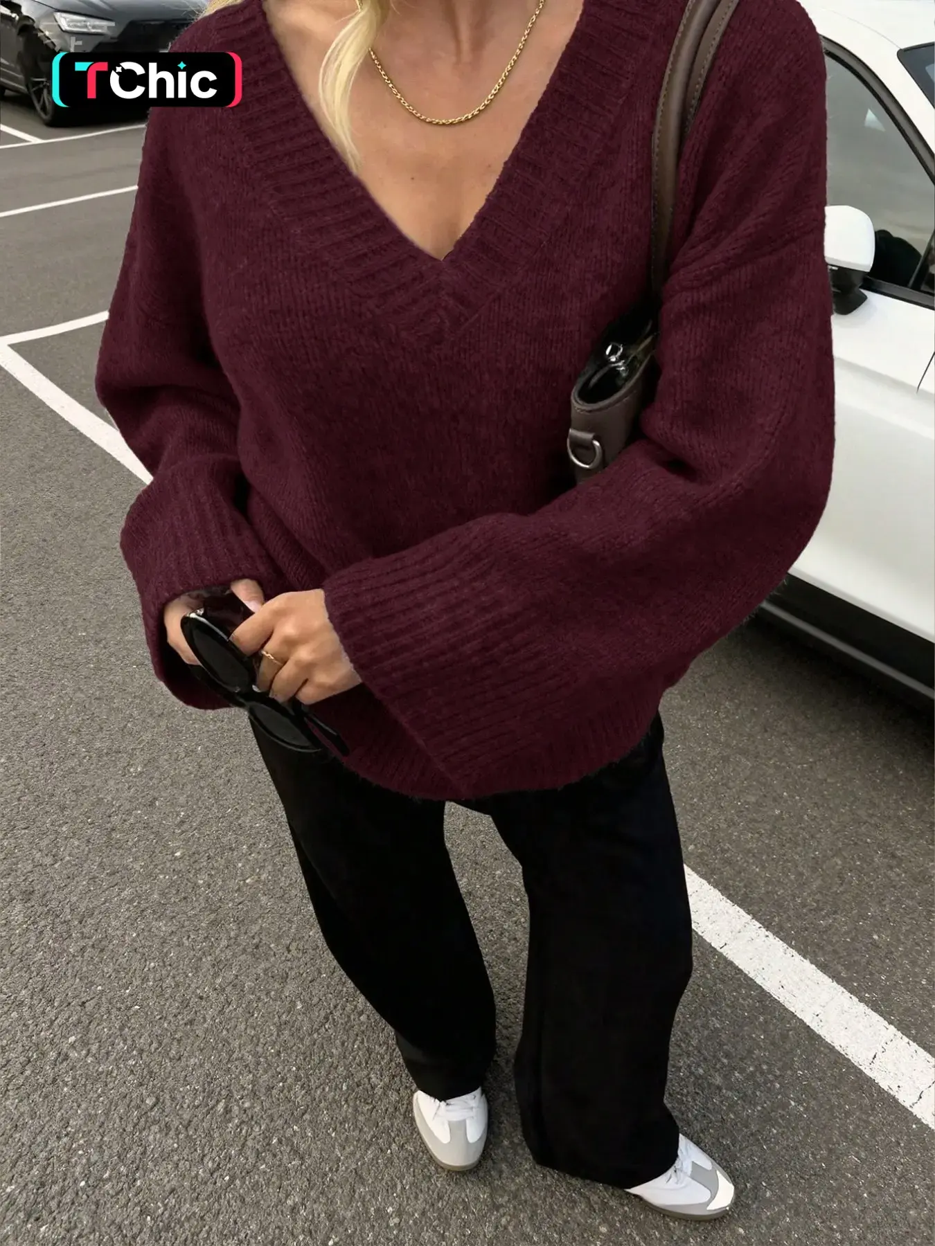 Women's Relaxed Style Deep V Neck Heather Gray Chunky Knitted Sweater, Oversized Drop Shoulder Boxy Solid No-Print Ribbed Thick Long Sleeve Pullover, Versatile Soft Warm Knit Top for Fall & Winter, Minimal Vibe Basic Layering Knitwear for Women