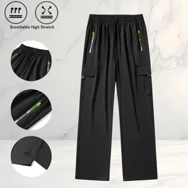 Men's summer high elastic wide leg casual pants, American street style design, side pockets, drawstring elastic waist, breathable high elastic fabric, suitable for daily outdoor casual wear.