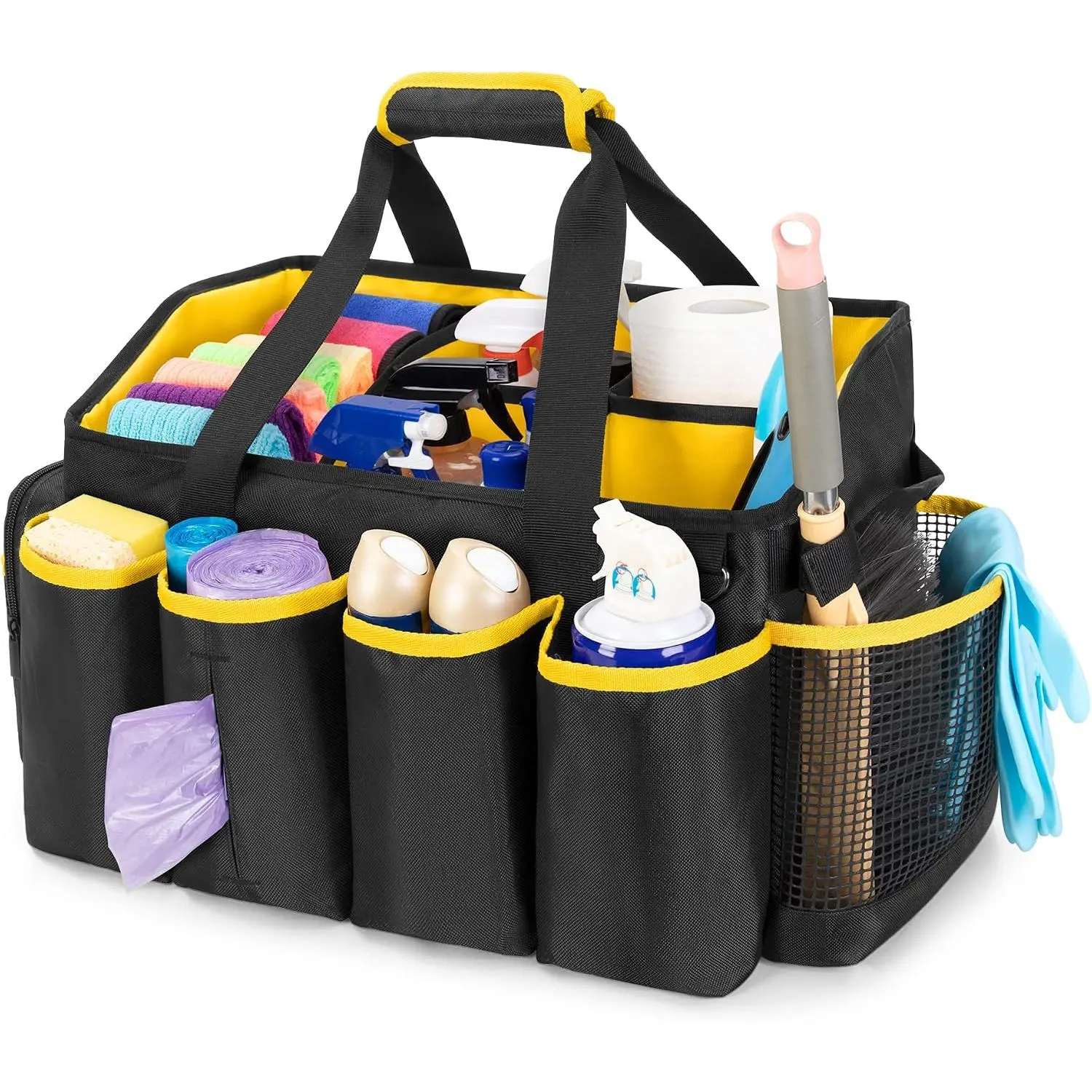 Multi-Pocket Caddy Organizer, 30L Foldable Supply Tote with Supportive Handle, Detachable Dividers, and Support Panels for Cleaning, Camping, and Car Detailing