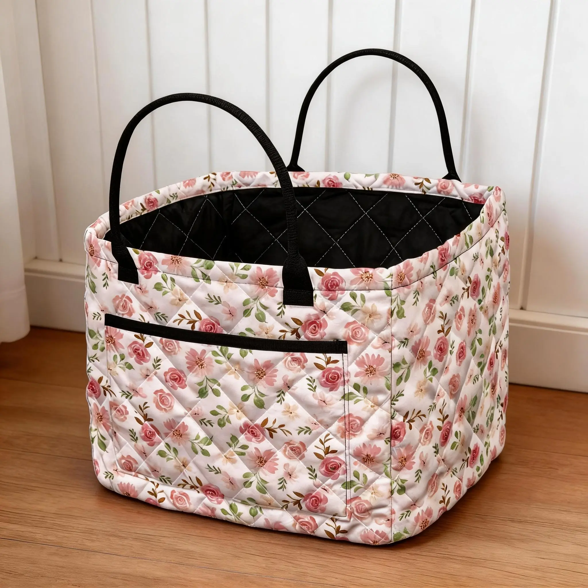 Pink Flower Foldable Quilted Storage Basket with Handle and Front Pocket - Durable Home Organizer for Room Organization, Car Interior Use