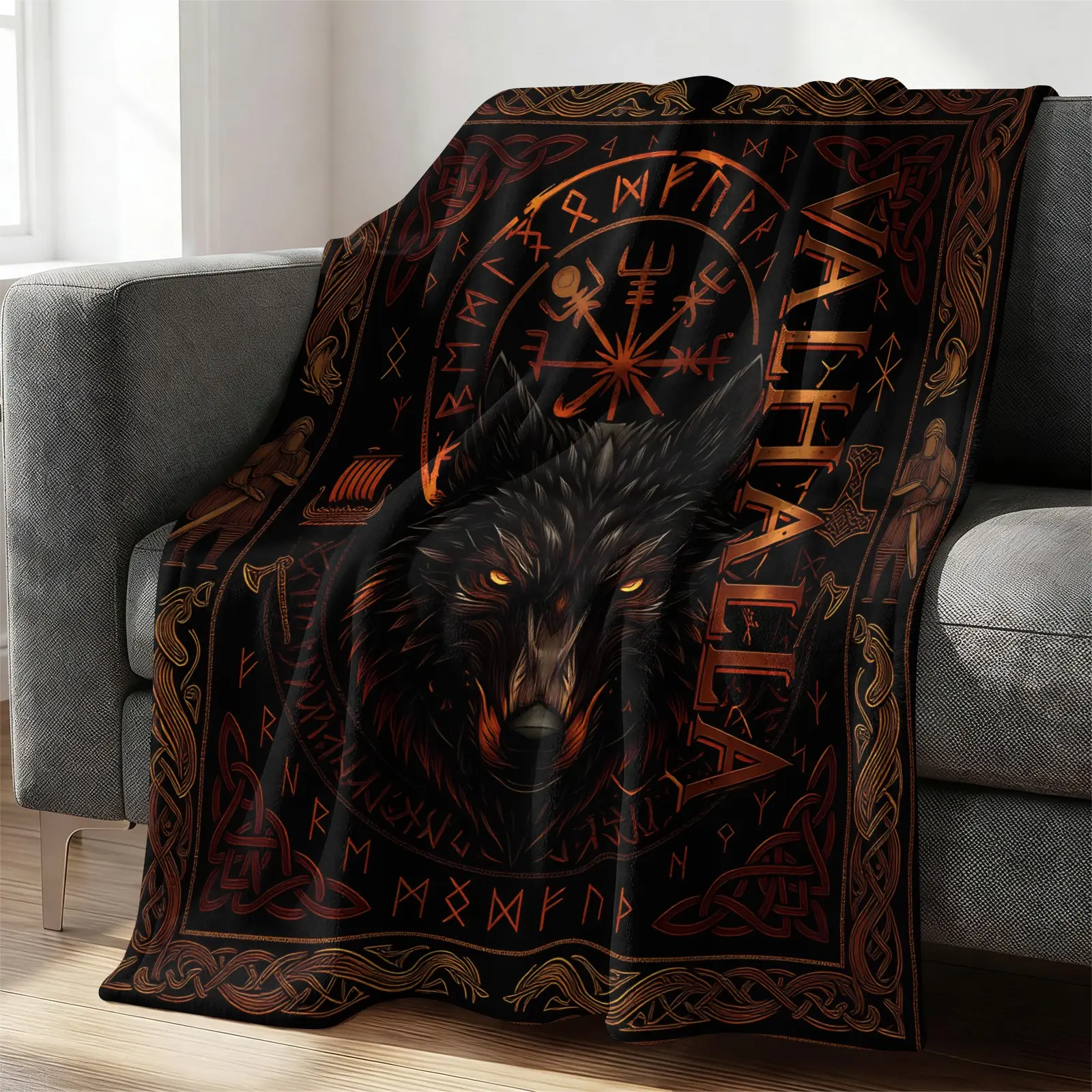Viking Wolf Valhalla Flannel Blanket, Soft Warm Throw Blanket Cozy Lightweight, Cozy Throw Blankets Home Sofa Bed Decor Gift Blanket for Norse Viking Lovers Men Holiday Birthday Present All Season Use
