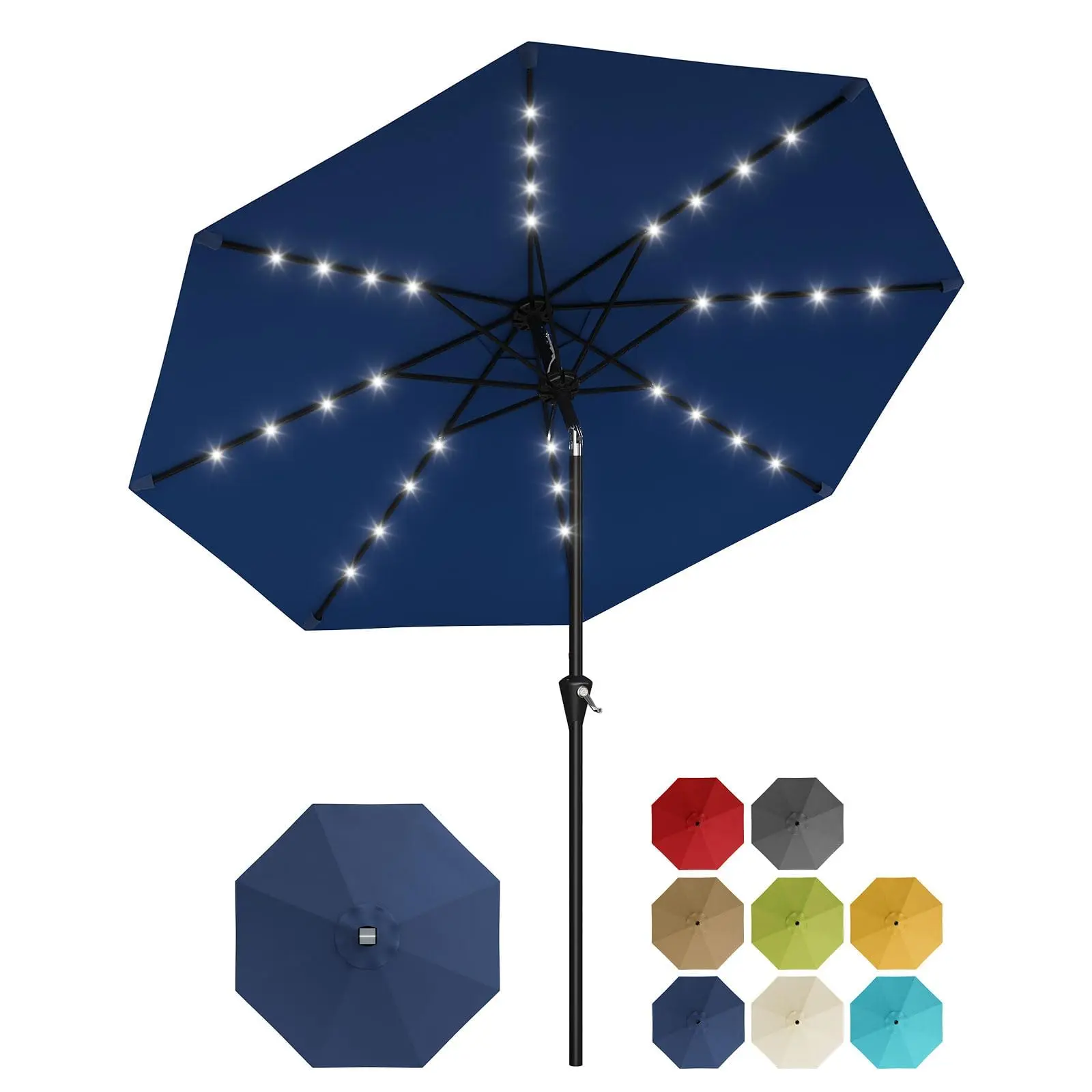 10FT Solar Patio Umbrella with 32 LED Lights, UV-Resistant Waterproof Outdoor Market Umbrella, Crank Lift, Push Button Tilt, 8 Sturdy Ribs, Garden Table Parasol for Patio, Pool, Deck, Backyard, Balcony, and Outdoor Dining Lighted Ambient
