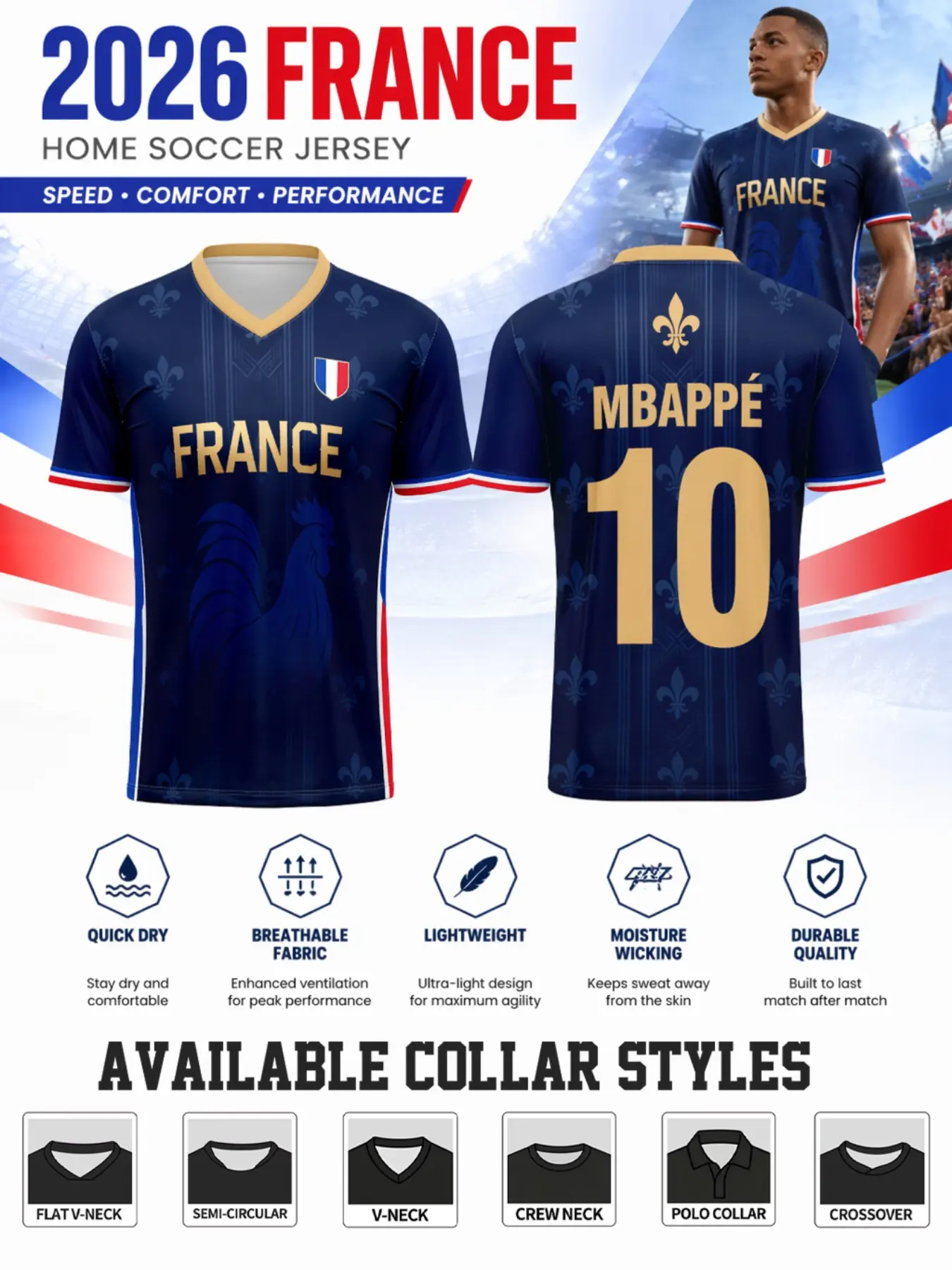 France National Football Jersey, Gold Collar, French Flag Emblem, Stripes, Quick-Dry Polyester, Sporty Short Sleeve