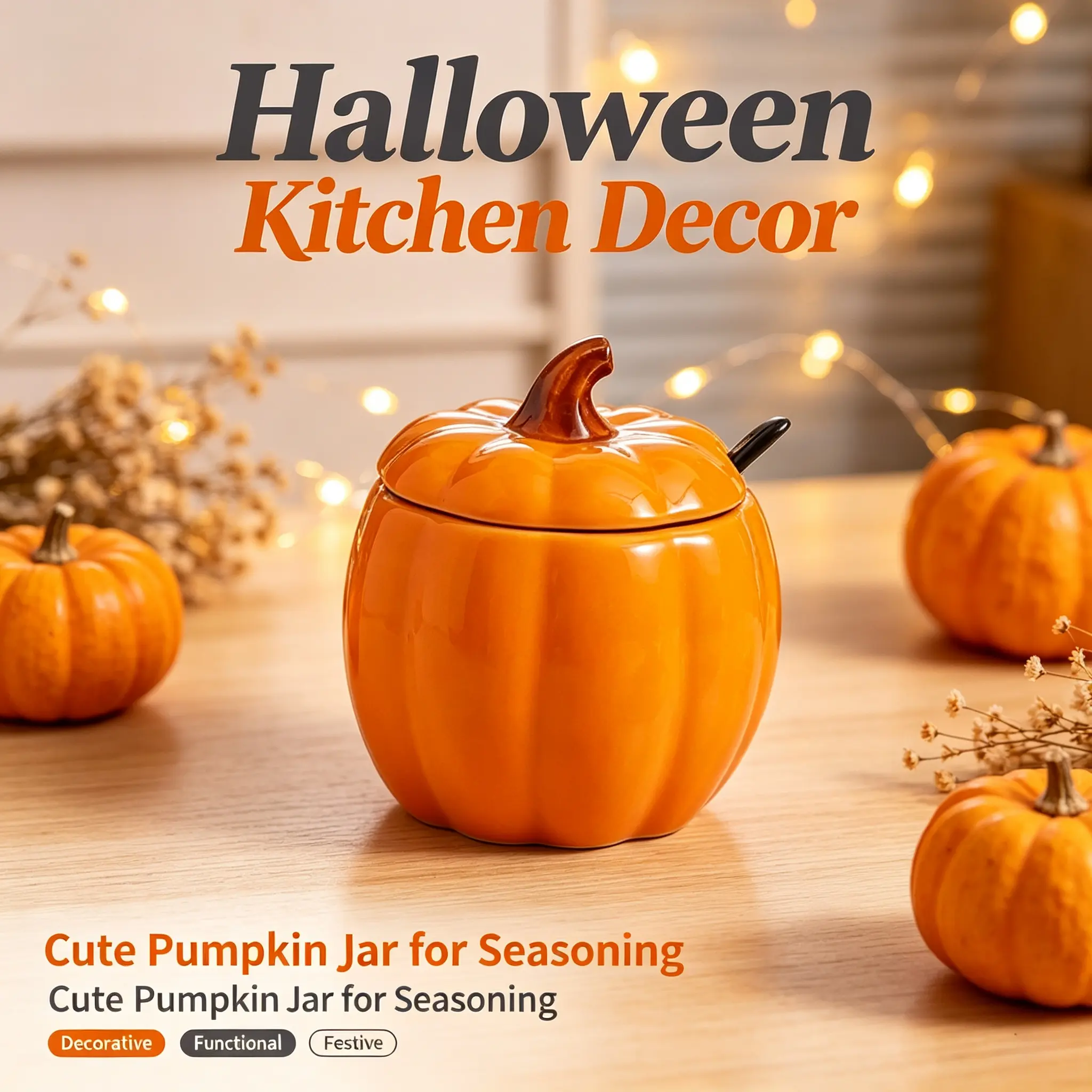 Single Orange Pumpkin‑Shaped Ceramic Seasoning Jar with Lid & Spoon, Home Kitchen Storage Pot for Salt Sugar Chili MSG, Festival Decorative Container