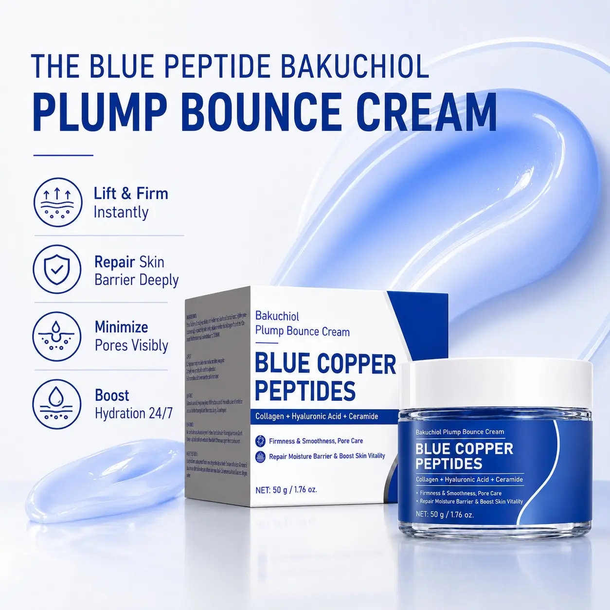 The Blue Copper Peptide Bakuchiol Cream, The Blue Peptide Bakuchiol Plump Bounce Cream, GHK-Cu, 5 Multi Peptide Anti-Aging Cream for Face & Body, Lightweight Moisturizer for Plumping Hydration and Skin Elasticity, 1.76 oz. Hydrating