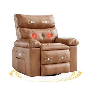 360 Swivel Rocking Recliner Chair with Massage and Heat Premium PU Leather Manual Recliner Overstuffed Cushioned Nursery Chair with Side Pocket Heavy Duty 330 lbs Single Sofa for Living Room Bedroom Office