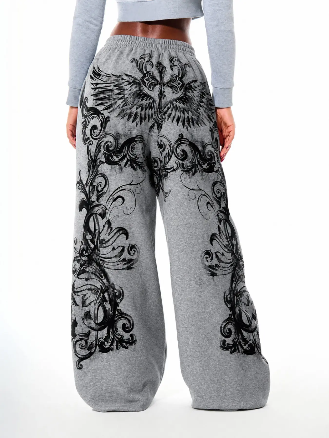 Women's Grey Gothic Thorn Print Elastic Waist Wide Leg Sweatpants, Soft Fleece Fabric, Loose Floor Length Casual Trousers, Grunge Y2K Streetwear Bottoms With Side Pockets