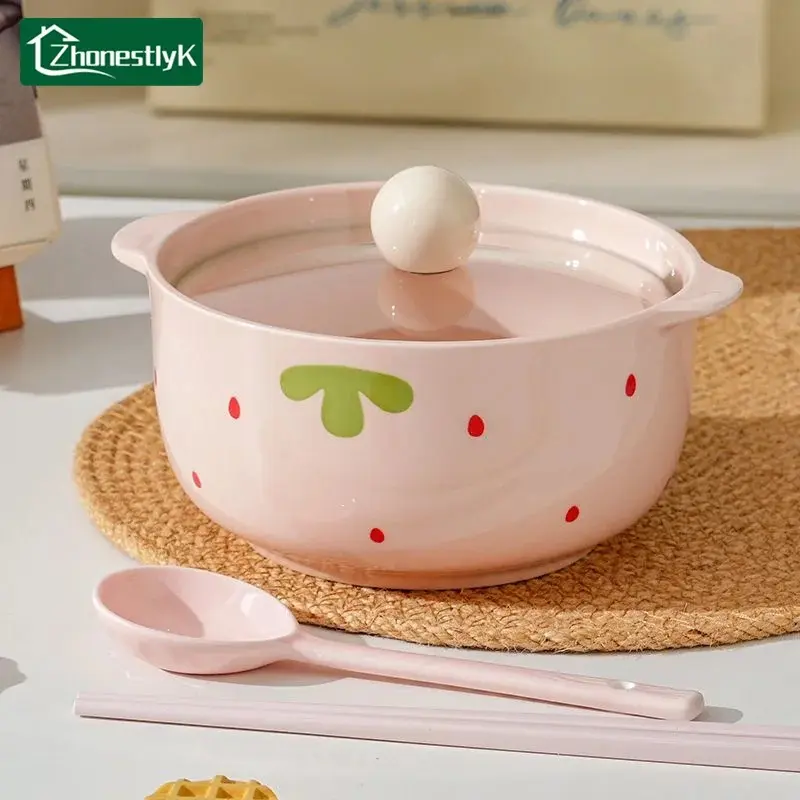 Korean Style Ceramic Instant Noodle Bowl with Lid Cute Cream Strawberry Double Eared Soup Bowl Kitchen Fruit Salad Bowls