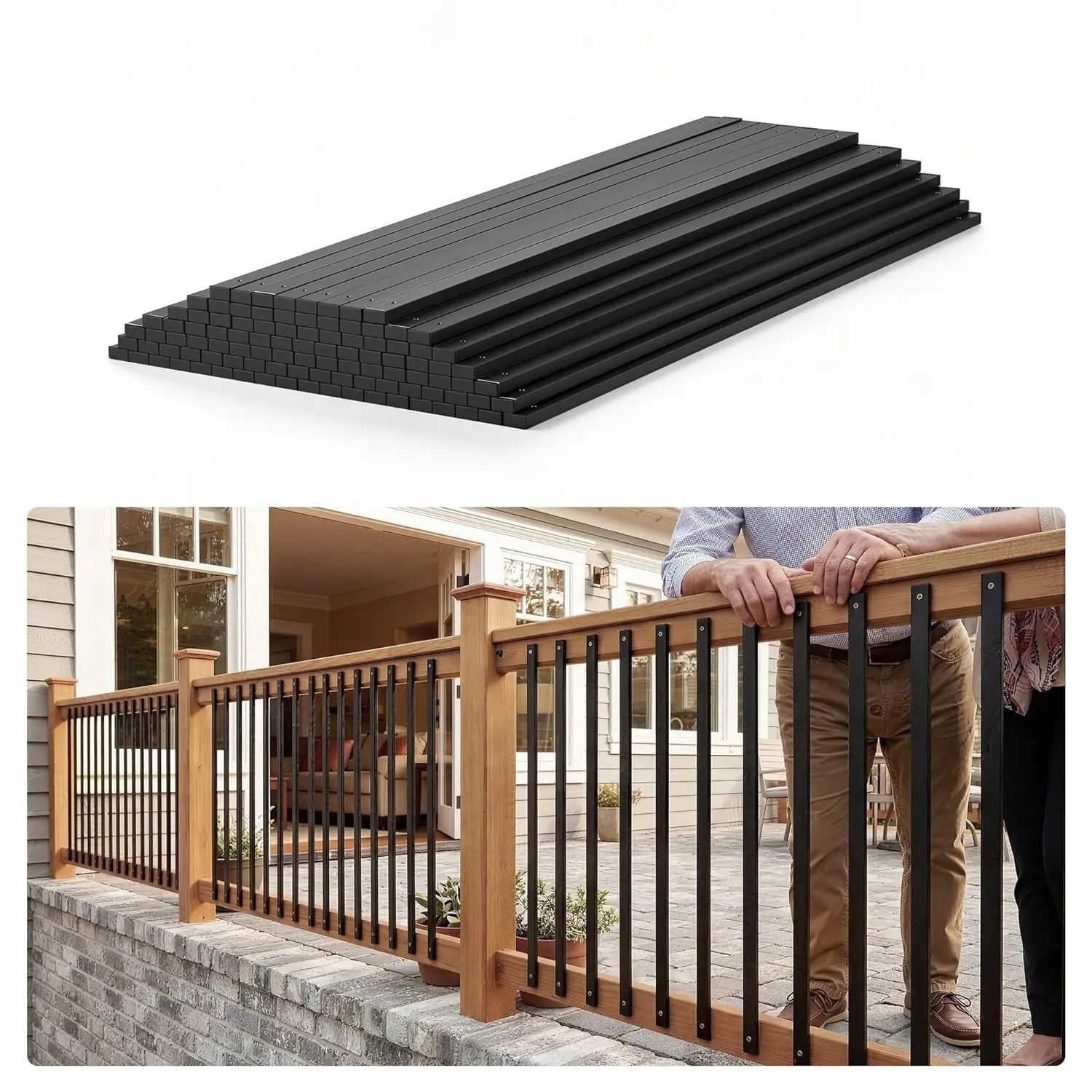 GARVEE 50 Aluminum Deck Balusters - 32.25 inches Matte Black Solid Aluminum Rectangular Straight Spindles, Pre-Installed End Caps & Screws, Anti-Rust Durable Indoor Railing for Balcony, Staircase (Fall Protection, Expands Safety Coverage)