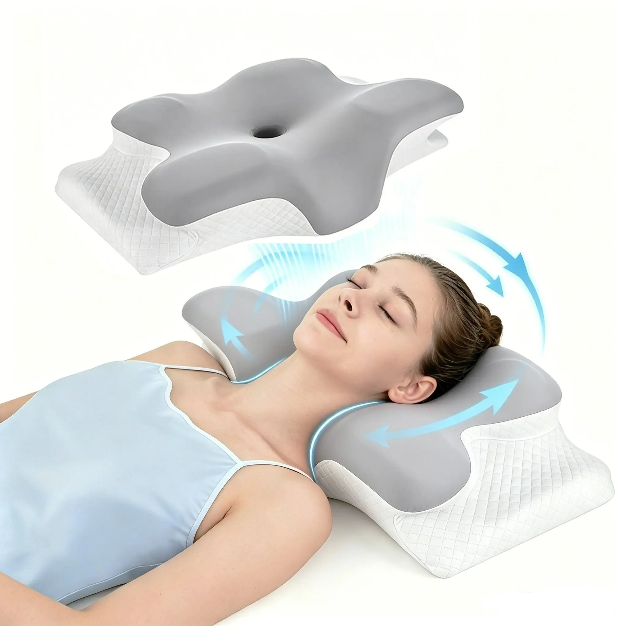 Ergonomic Memory Foam Neck Pillow, Odor-Free Supportive Gel Mattress, Cool Sleep Cover, Zone Design & Large Arm Rest, Suitable for Side, Stomach, Back Sleeping