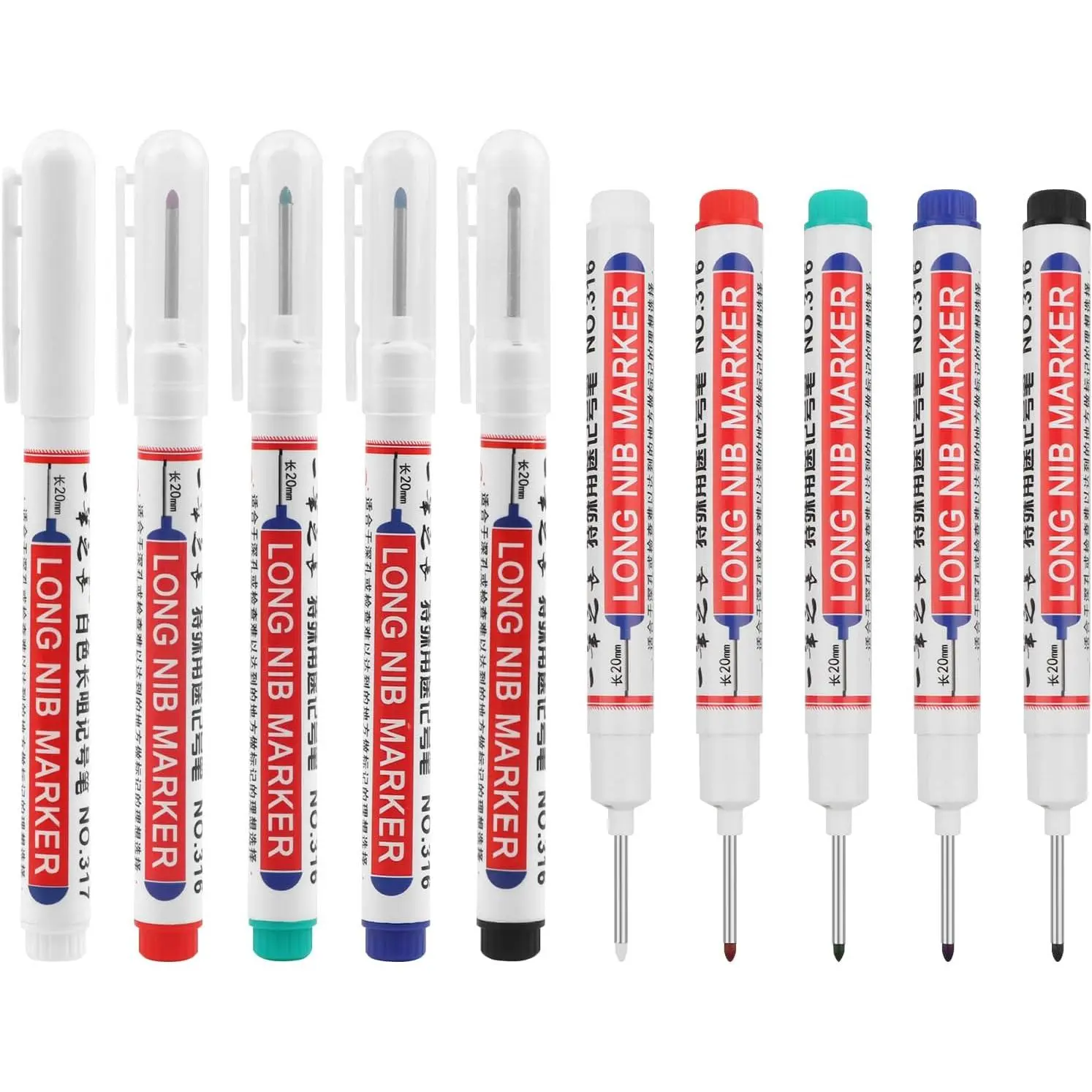 10-Count Long Deep Hole Markers, 20mm Long Nib Quick-Drying Permanent Pens (5 Colors) with Consistent Ink Delivery, Metal Marking Tools for Plumbing, Carpentry, Construction Teams
