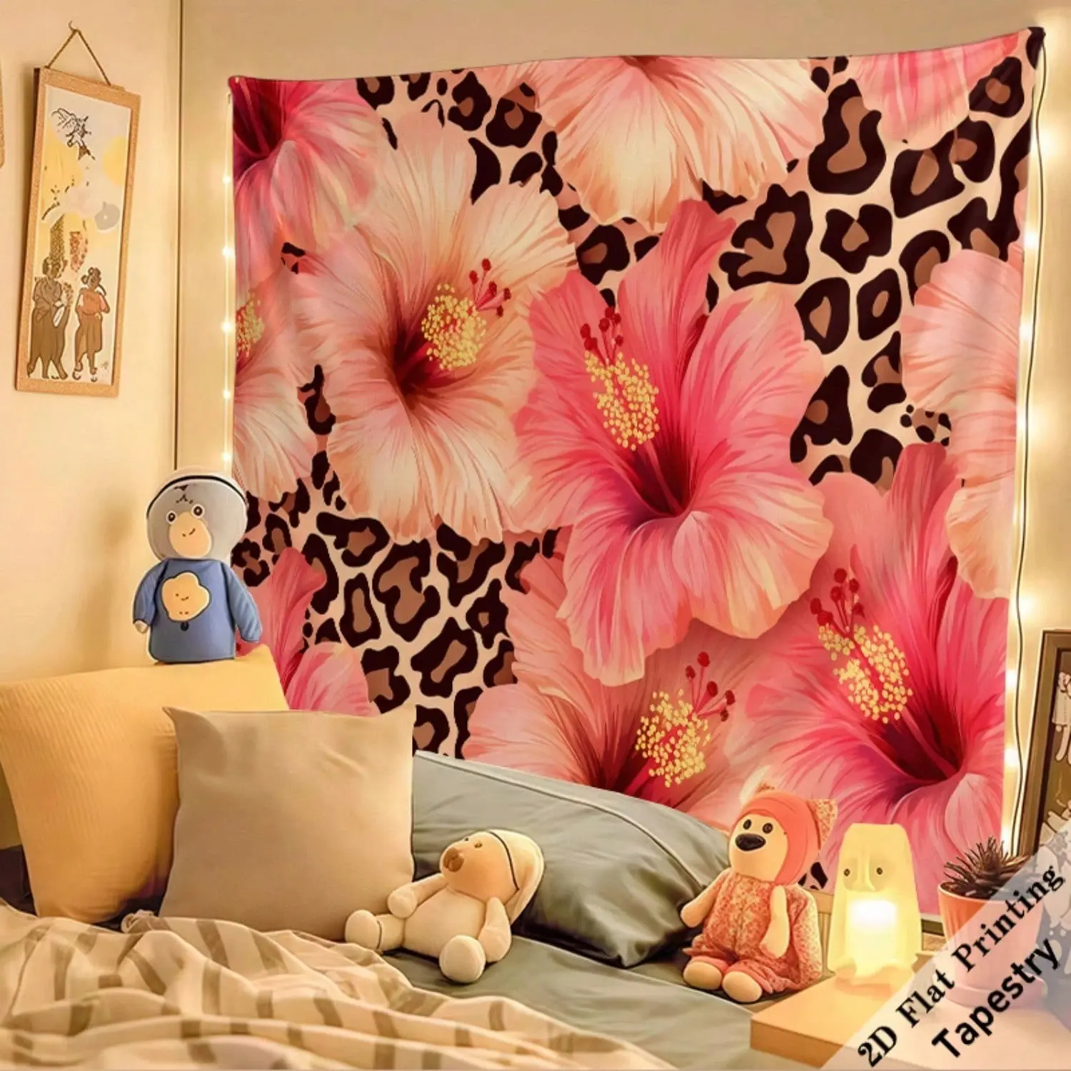 1pc Polyester Wall Tapestry with Powder Rose Hibiscus Floral & Animal Leopard Print Pattern - Home Decor, Room Decor for Living Room & Bedroom, Easy Install with Free Installation Package