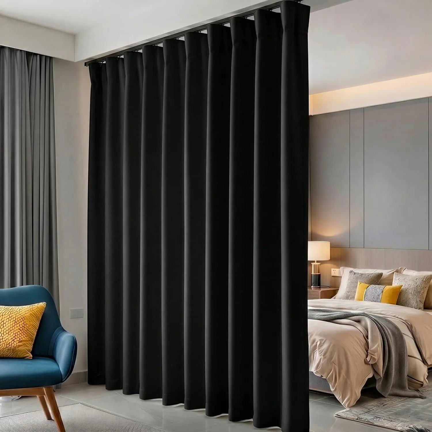 hoeflife Room Divider Curtains Blackout Floor to Ceiling Curtain with Hook Wall Mount Sliding Door Curtains Ceiling Mount Extra Wide Curtain Wall Divider for Room Separation (Black, W100 x H84 Inch)