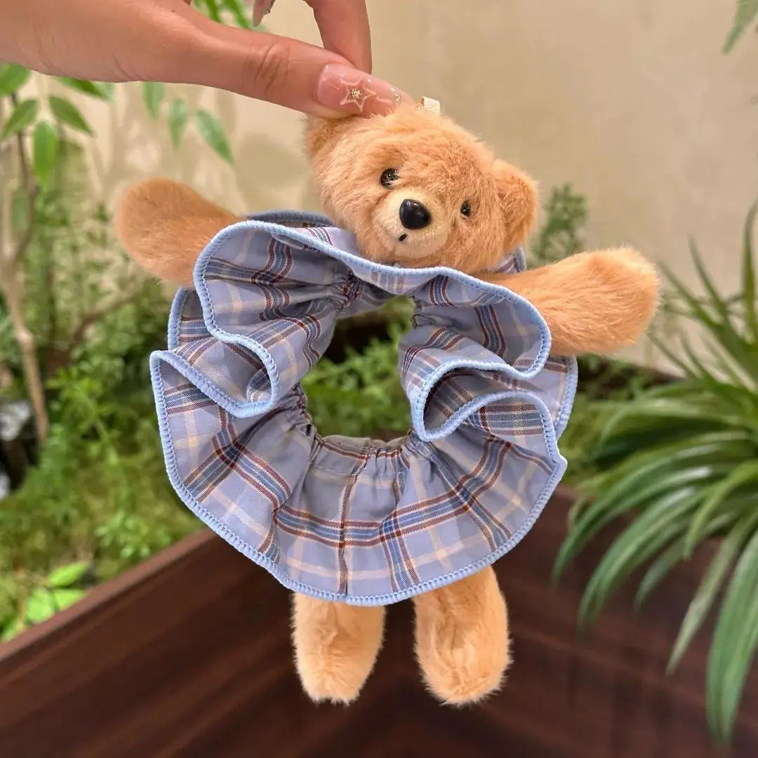 Women's Elastic Ruffled Plaid Scrunchie - Fluffy Bear Ornament, One Size, All-Season Everyday Hair Tie Accessory for Girls/Women