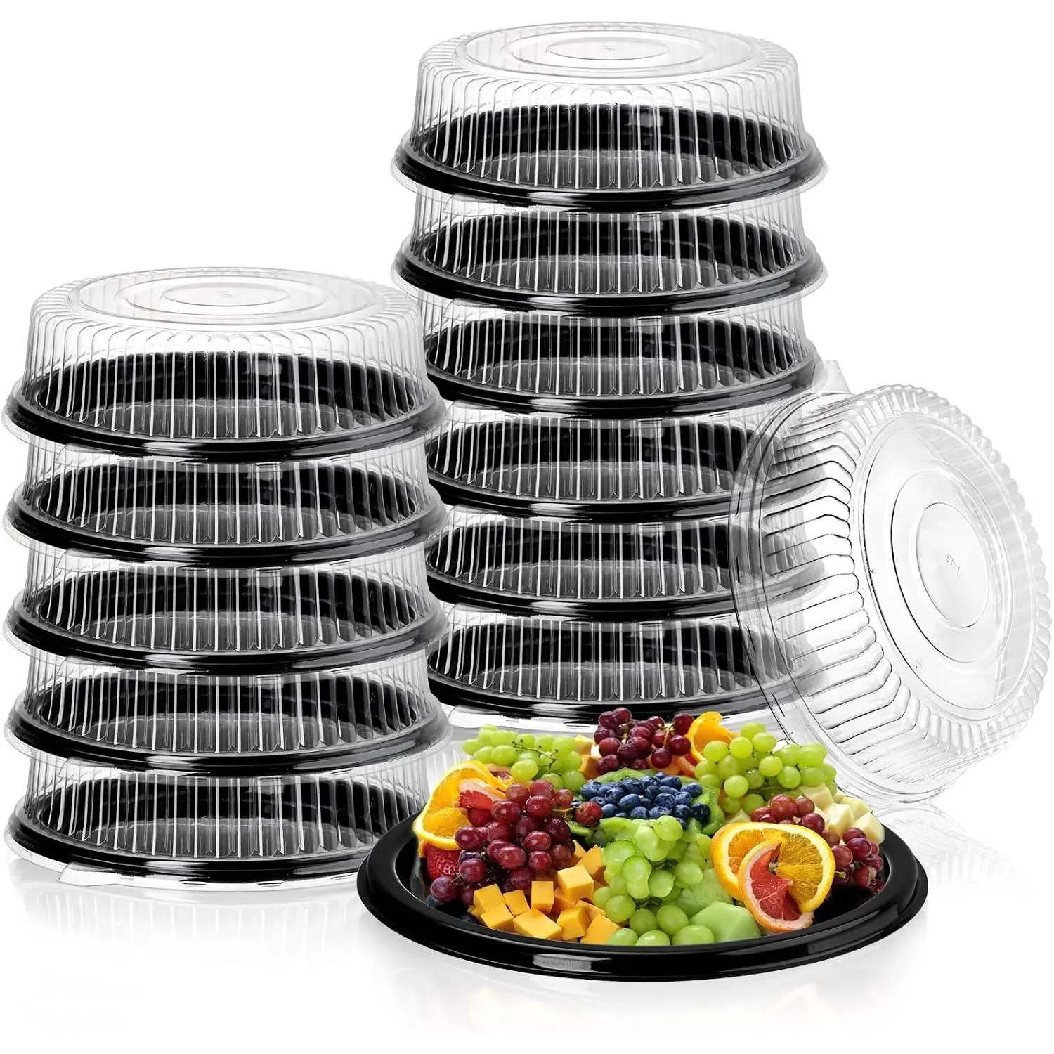 Frcctre 12 Pack 12 Inch Plastic Serving Tray with Lid, Disposable Plastic Food Serving Platters with Clear Dome Lids, Stackable Round Trays for Party, Takeout Food, Catering, Picnic