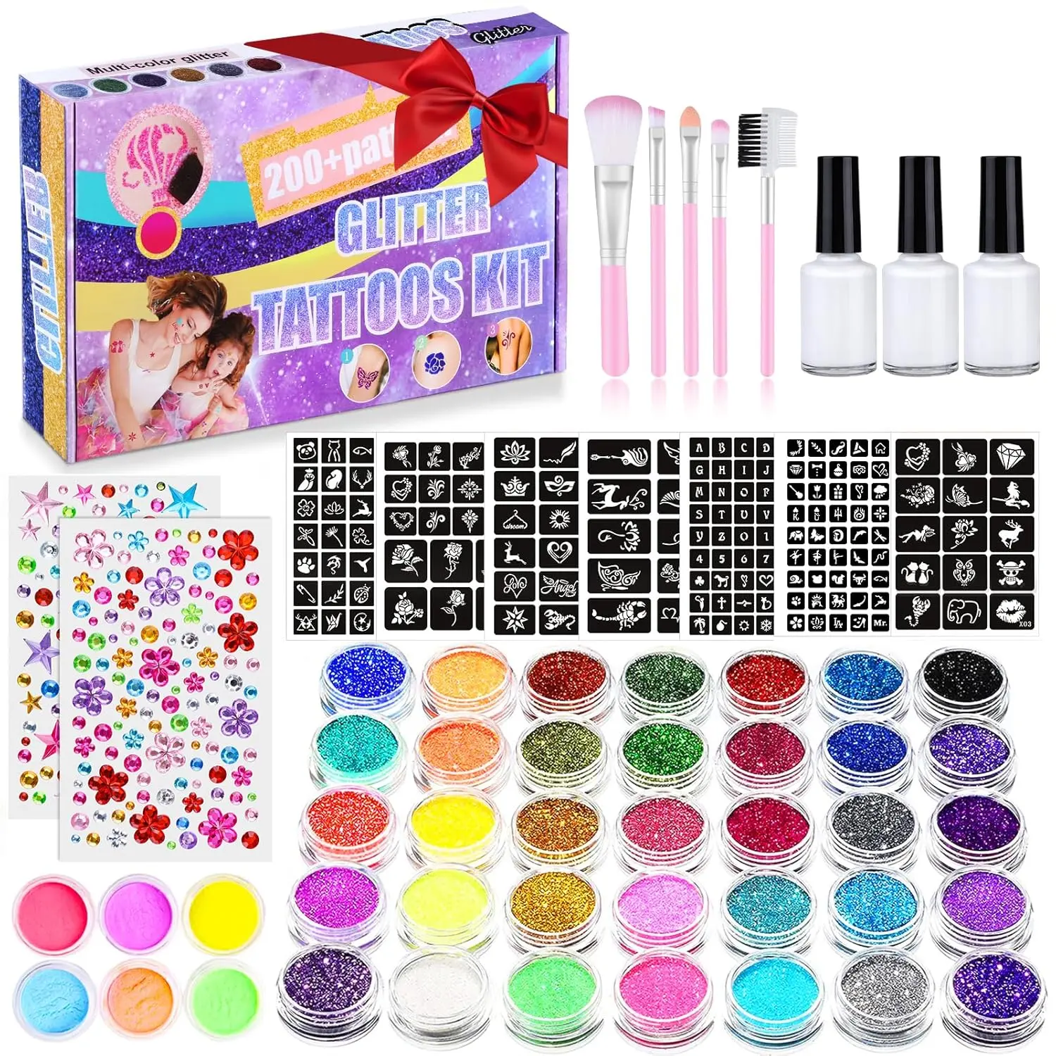 492-Piece Temporary Glitter Tattoo Kit for Kids - 41 Colors, 215 Rhinestones, 204 Stencils, 24-Color Glitter Powder, 3 Glues, 5 Brushes - Waterproof Cosmetic Tattoos for Parties, Makeup
