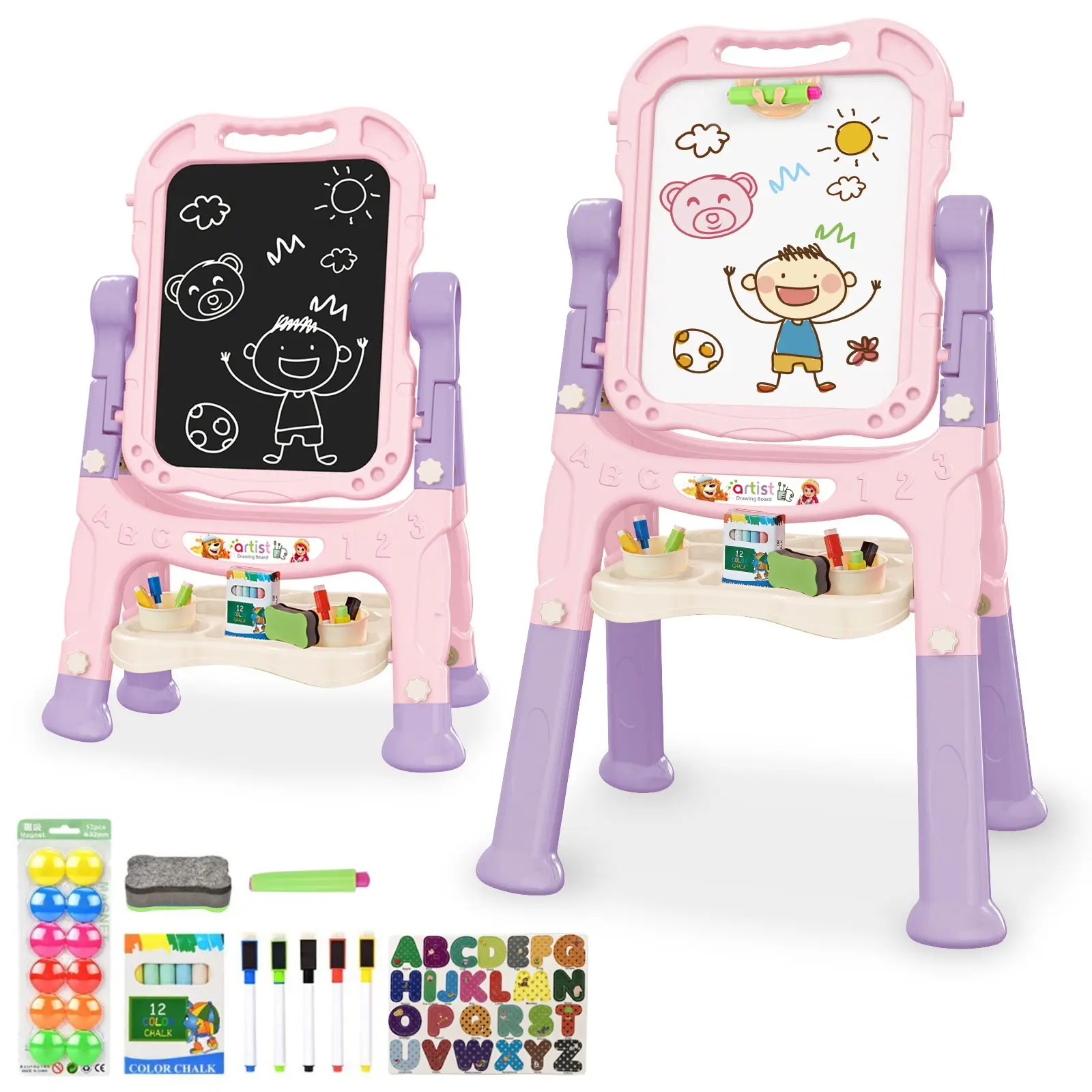 MOJITODON Magnetic Self-erasing Toy Drawing Boards Toy for Kids, Art Magnetic White Board & Chalkboard Double Side Adjustable Stand Art Easel Drawing Writing, Educational Learning Gift for 3 4 5 Year Old Girls Boys
