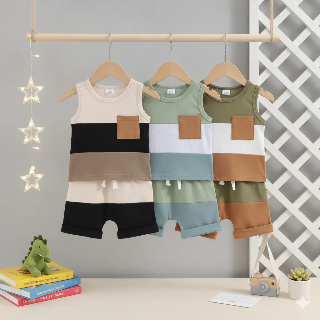 Toddler Boys' Tank Top and Shorts Set, Casual 2-Piece Cotton Outfit with Contrast Trim for Summer Playwear, Baby Clothing, Clothes, Sleeveless, Colorblock, Pocket, 0-6 Months, 12 - 18 Months, Toddler Style, 2-3 Years