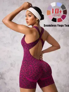 Seamless Women's Leopard Print Jumpsuit Shorts High Stretch Detachable Bra Cups Ideal for Daily Wear and Outdoor Sports