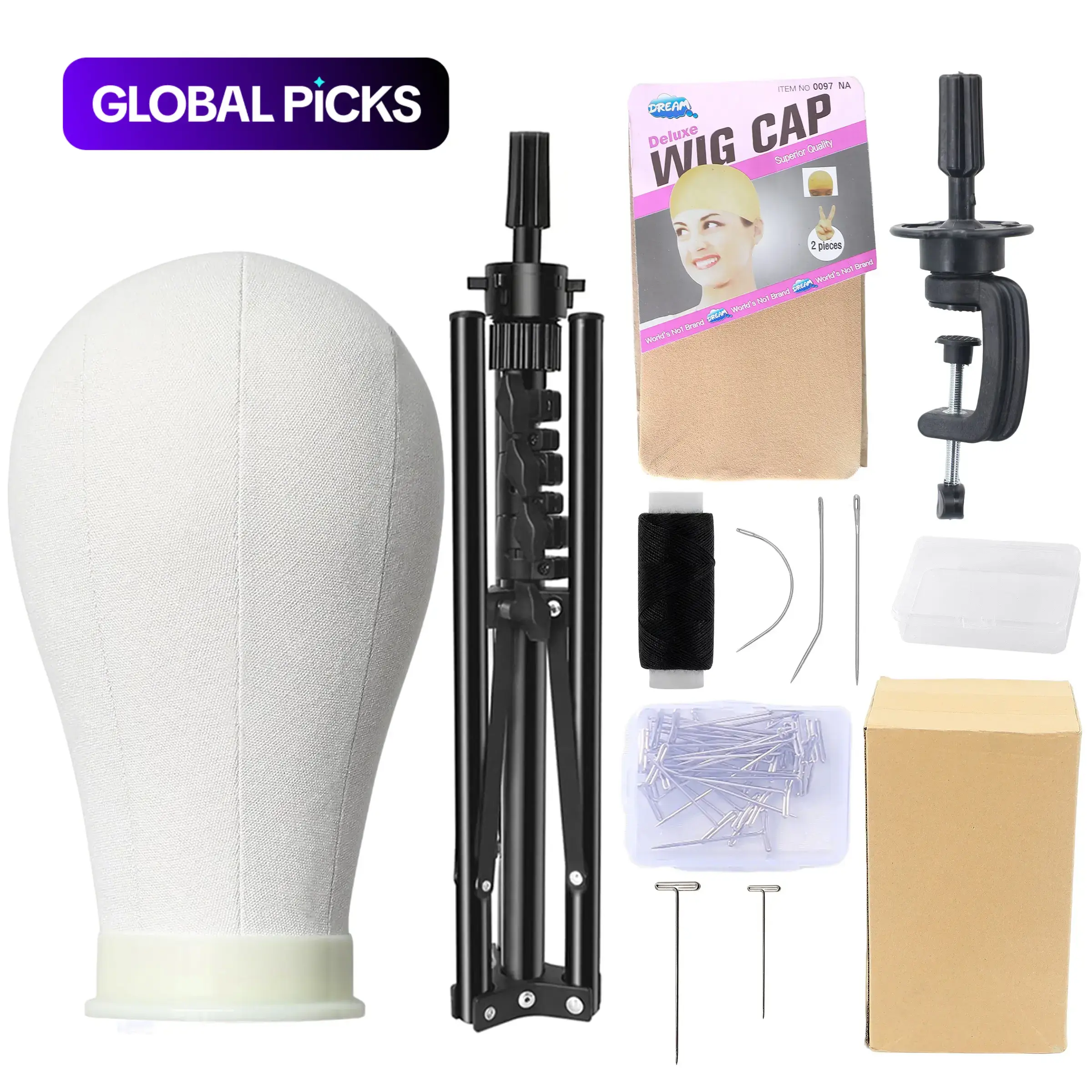 Wig Head with Stand, Wig Mannequin Head, 1 Set Wig Head with Table Clamp & Needles & Wig Caps & Sewing Kit, Professional Hair Styling Tool for Salon & Barber Shop #GLOBAL PICKS