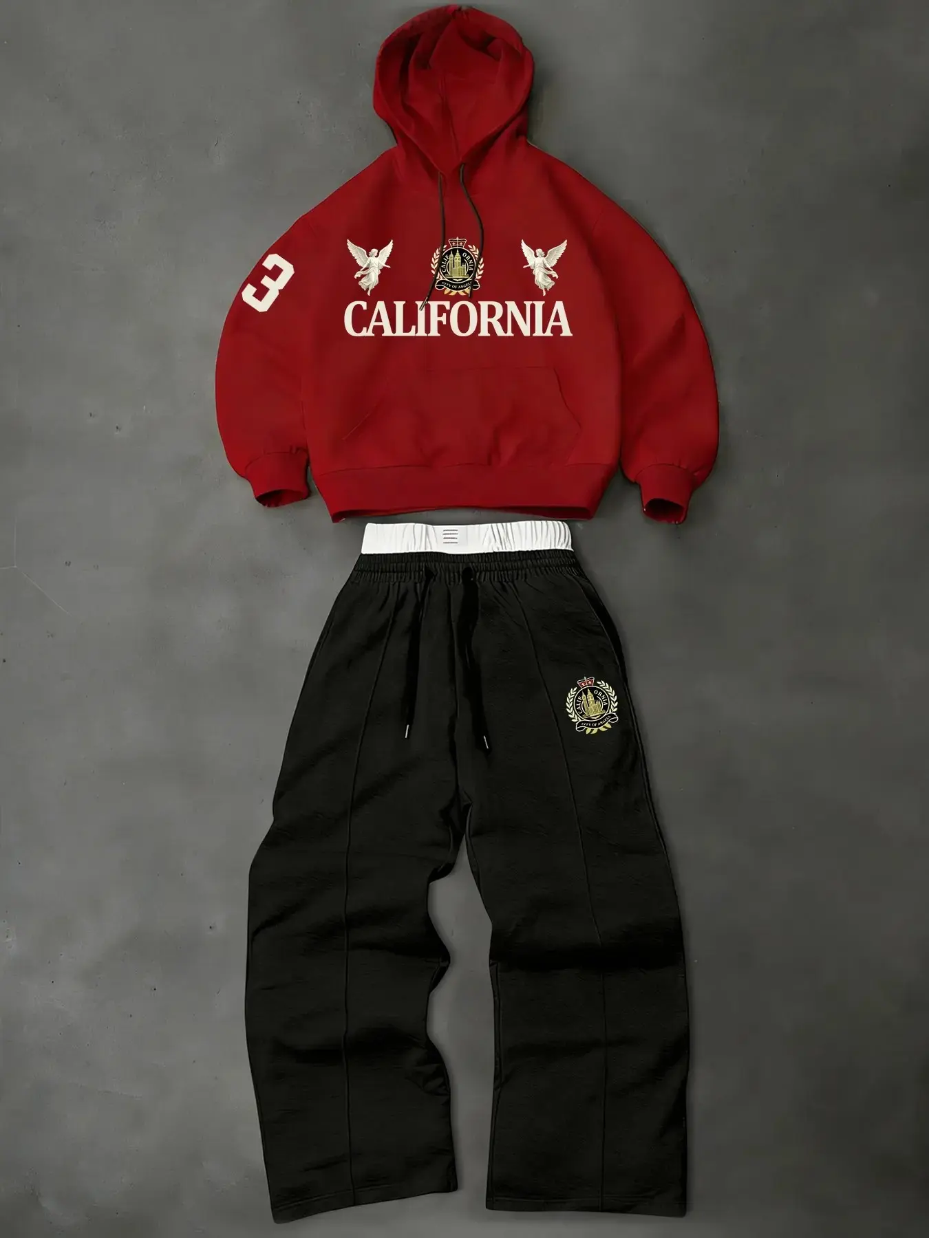 Men California Angel Graphic Tracksuit, Cropped Hoodie & Wide Leg Sweatpants, 2 Piece Streetwear Set, Loose-Fitting, Fall&winter