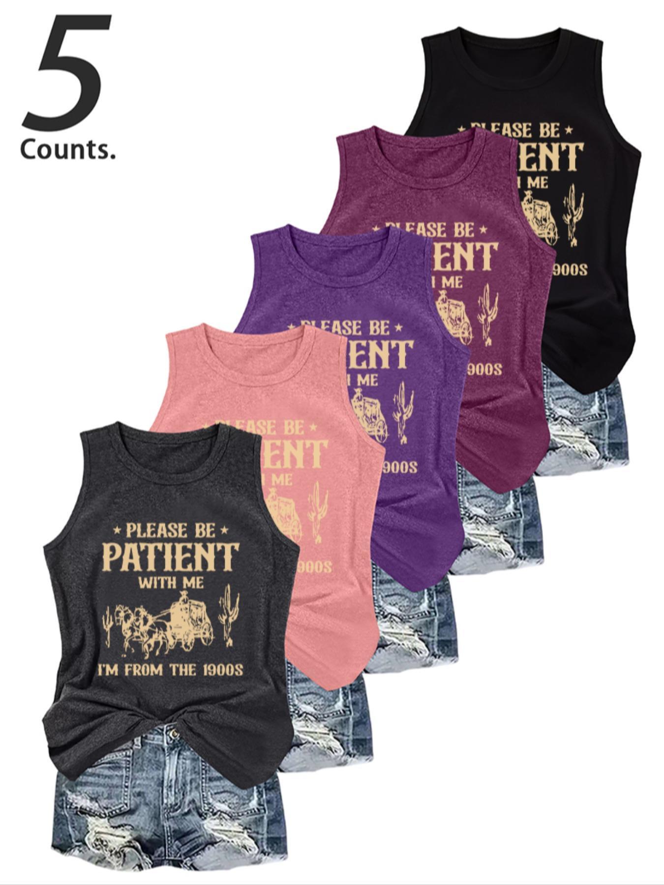 Women's Letter Print Round Neck Tank Top, Casual Sleeveless Crew Neck Top for Daily Wear, Ladies Clothes for All Seasons