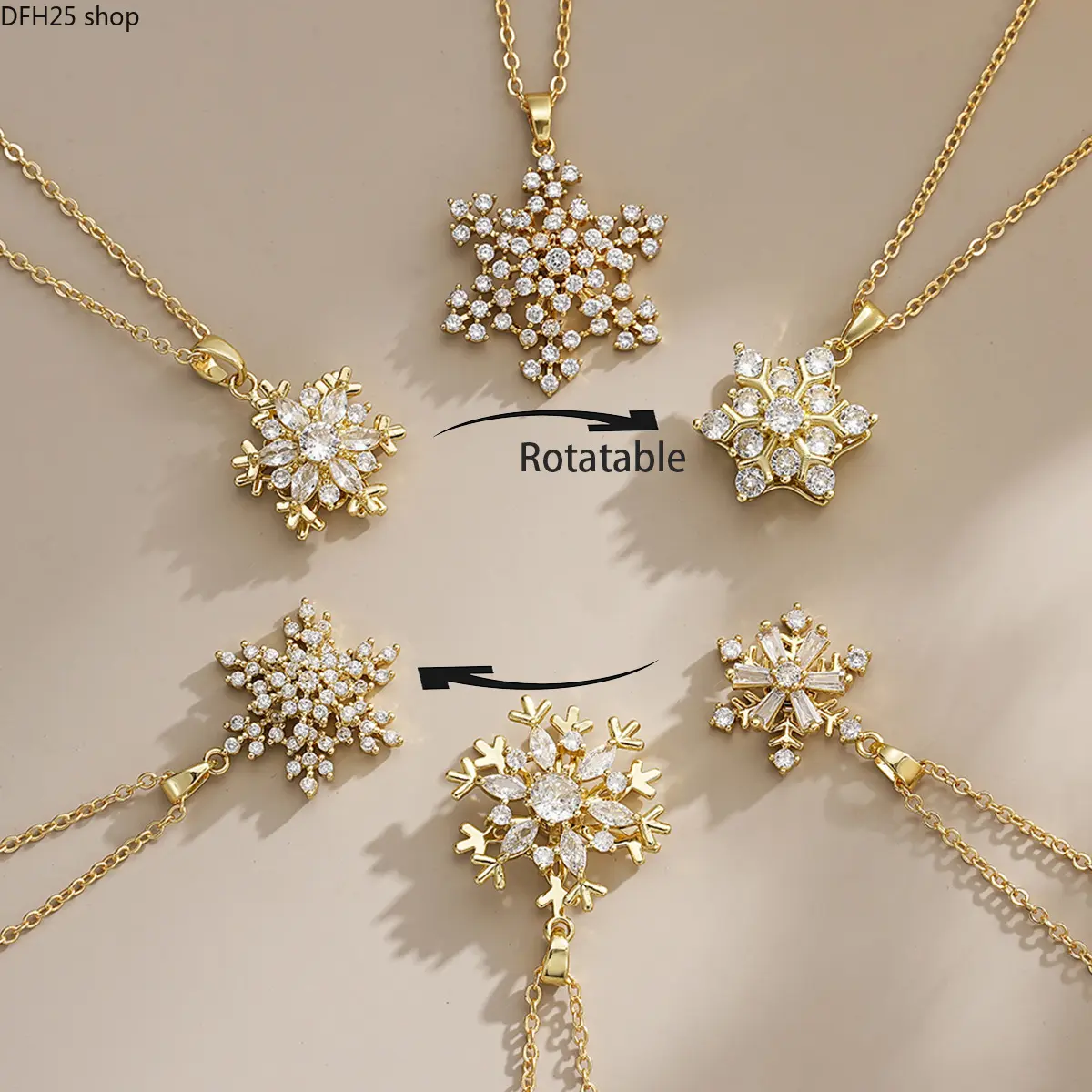 Rotatable Snowflake Pendant Necklace for Women, Sparkling Zircon Star Charm Necklace, Gold Tone Crystal Fidget Jewelry With Winter Inspired Design, Elegant Statement Necklace for Party, Daily Wear and Gift
