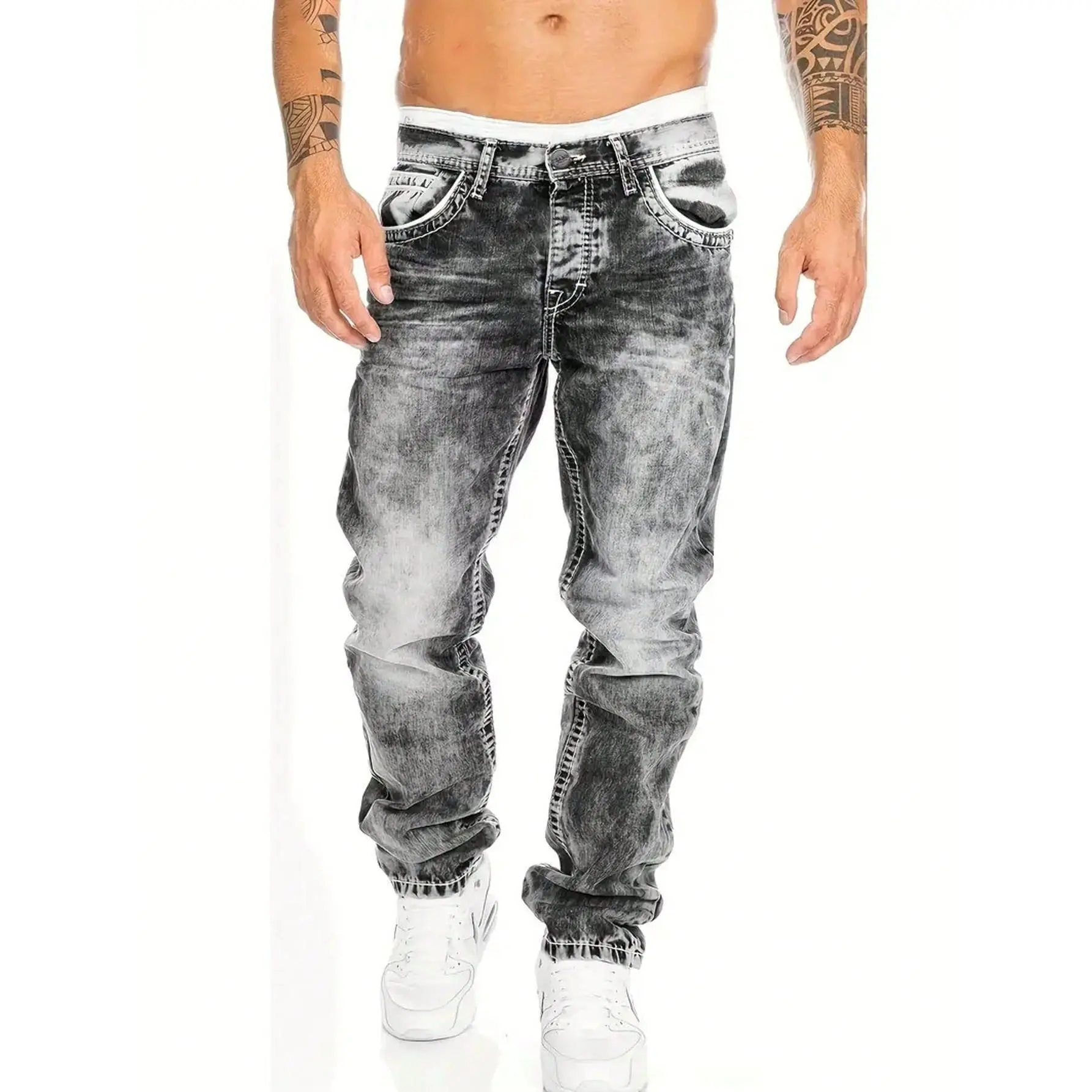 Men's Creative Stretch Denim Jeans - Menswear Minimalist Style, Emo Street Design, All Seasons Wear, Machine Washable