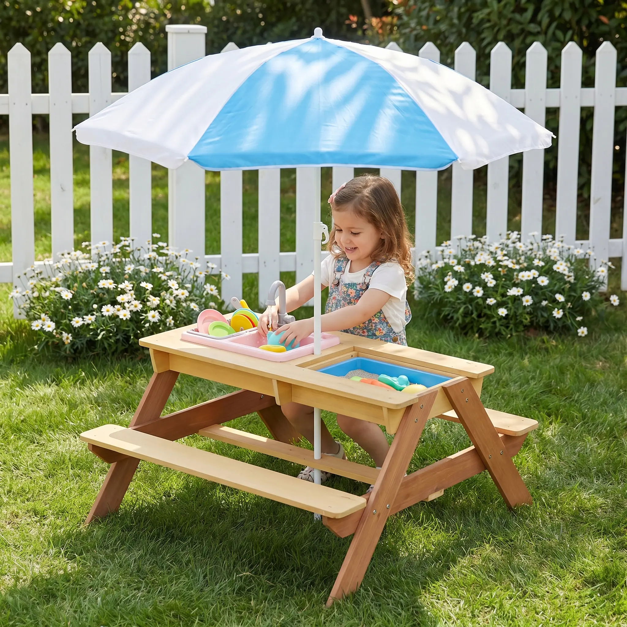 ARCH Wooden Kids Picnic Table with Sand and Water Play Activity Table, Outdoor Children's Multi-Function Bench with Umbrella for Backyard Patio Garden, Natural Wood Finish, Toddler and Preschooler Furniture, Living Room Table for Sofa Side