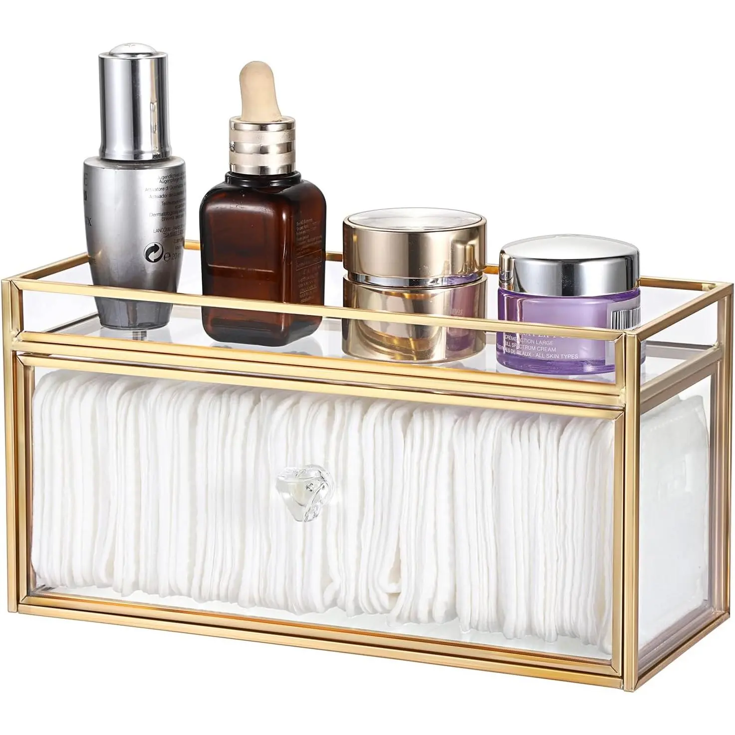 Clean Pad Storage Box Gold Glass Pull and Out Drawer with Tray Rectangular Cotton Pads Holder Vanity Organizer for Makeup Brush Cosmetic