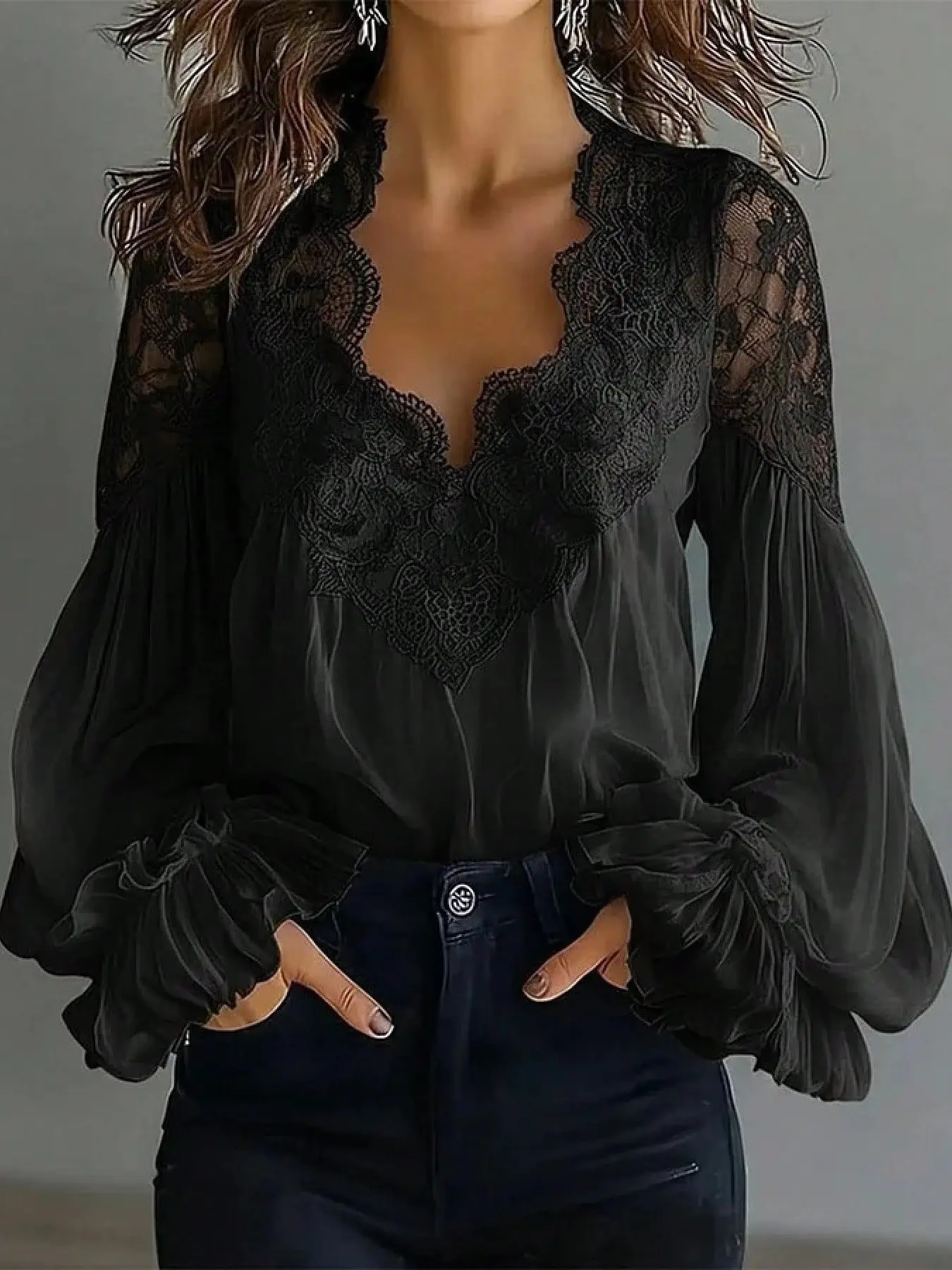 Luxerose Women's Lace Trim V-Neck Shirt, Transparent Chiffon Material, Lantern Sleeve Ruched Cuff Top, All Seasons Loose-Fit Clothing