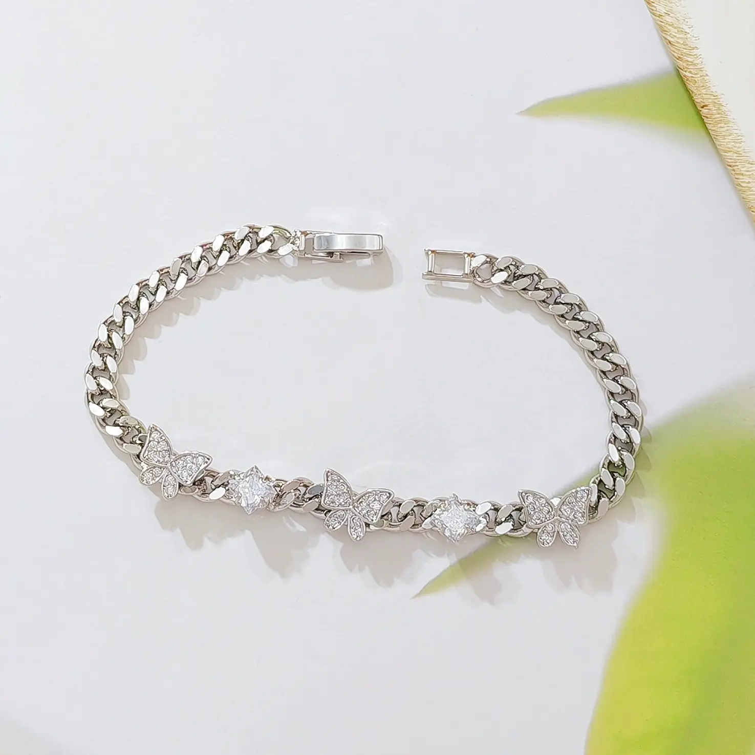 Chunky Cuban Link Charm Bracelet for Women, Silver Chain with Dainty Shine, Butterfly Motif and Zircon Stackable Charm for Daily Wear, Charm Bracelets