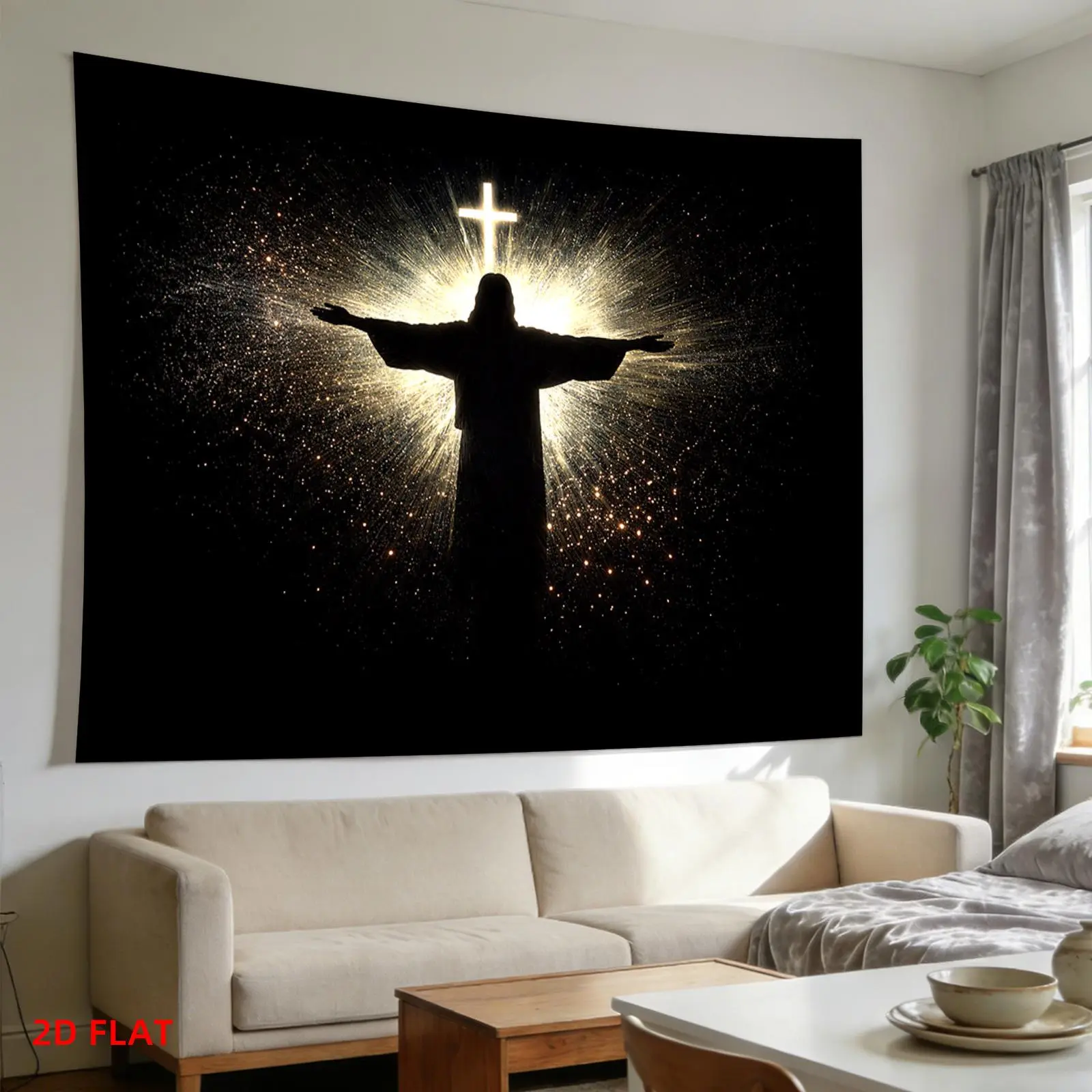 Jesus Cross Tapestry - Christianity Religious Art with Outstretched Arms & Radiance, Non-Luminous Indoor Wall Decor, Ideal for Living Room, Great Gift for Textile Decor Enthusiasts (Featuring Jesus Figure)