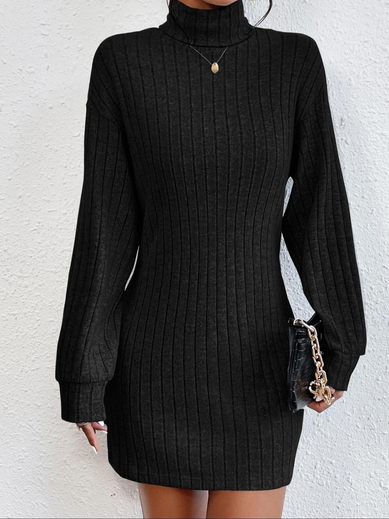 Fall Women's Plain Ribbed Sweater Dress without Necklace, Casual Turtle Neck Drop Shoulder Long Sleeve Knitwear Dress for Fall & Winter, Fall Dresses, Women's Knit Clothes for Daily Outdoor Wear