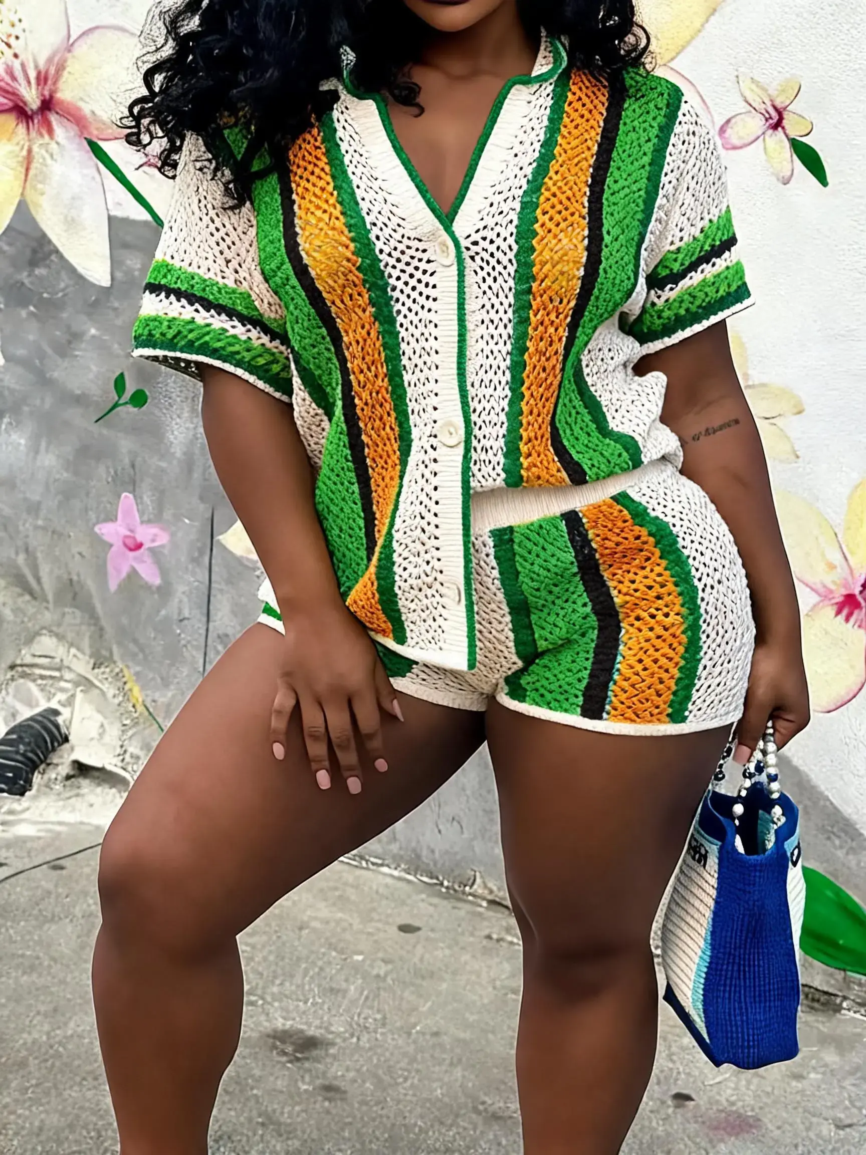Women's Colorblock Button Front Top & Shorts Sweater Set, Casual Short Sleeve Top & Shorts, Summer Clothes Set for Beach Vacation, Striped Knit Sets, Casual Outfits Women, Womenswear