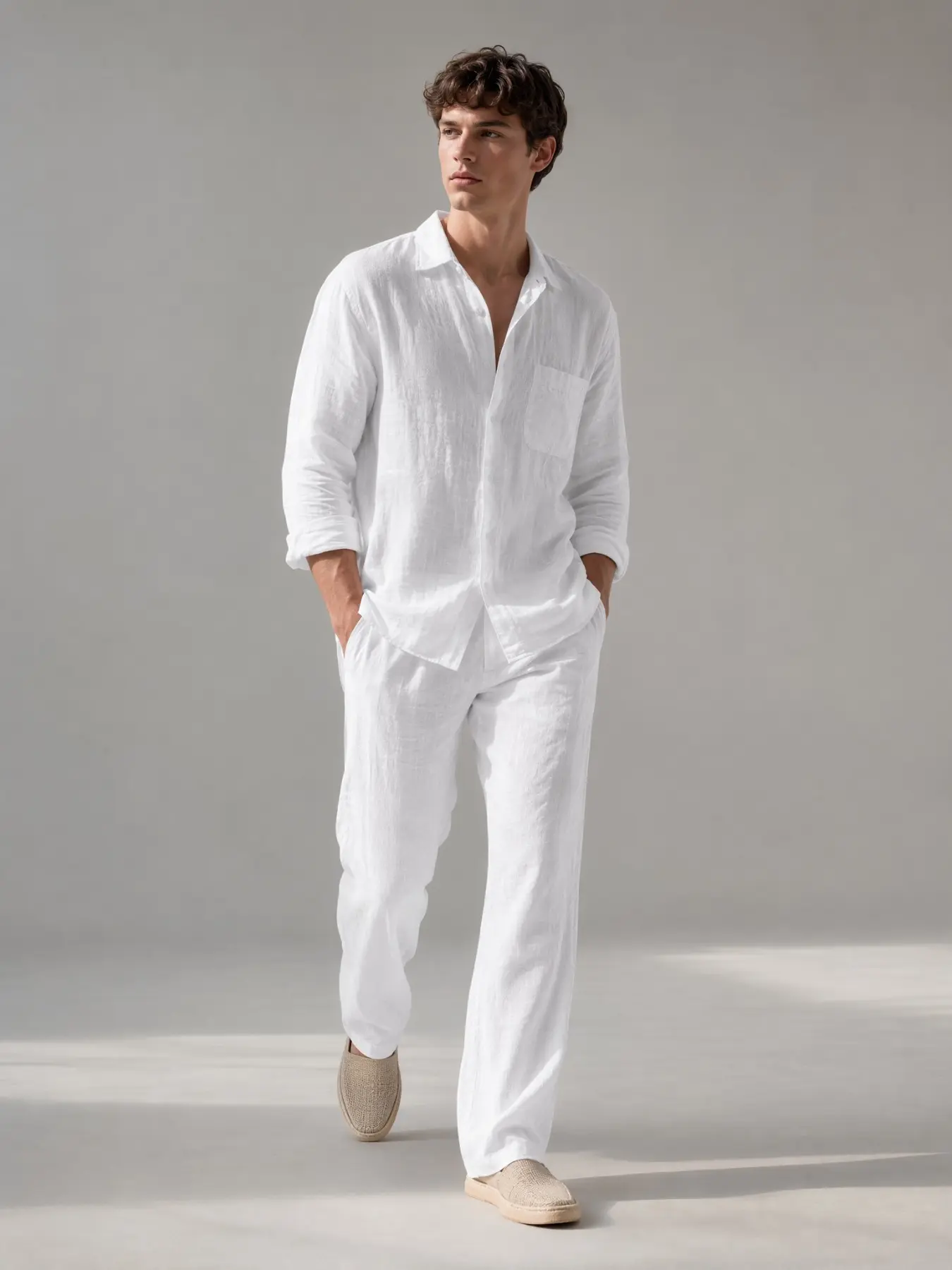 American Style Men's Linen Casual Loose Fit Beach Vacation Set, Henry Hooded Long Sleeve Top and Pants Two-Piece