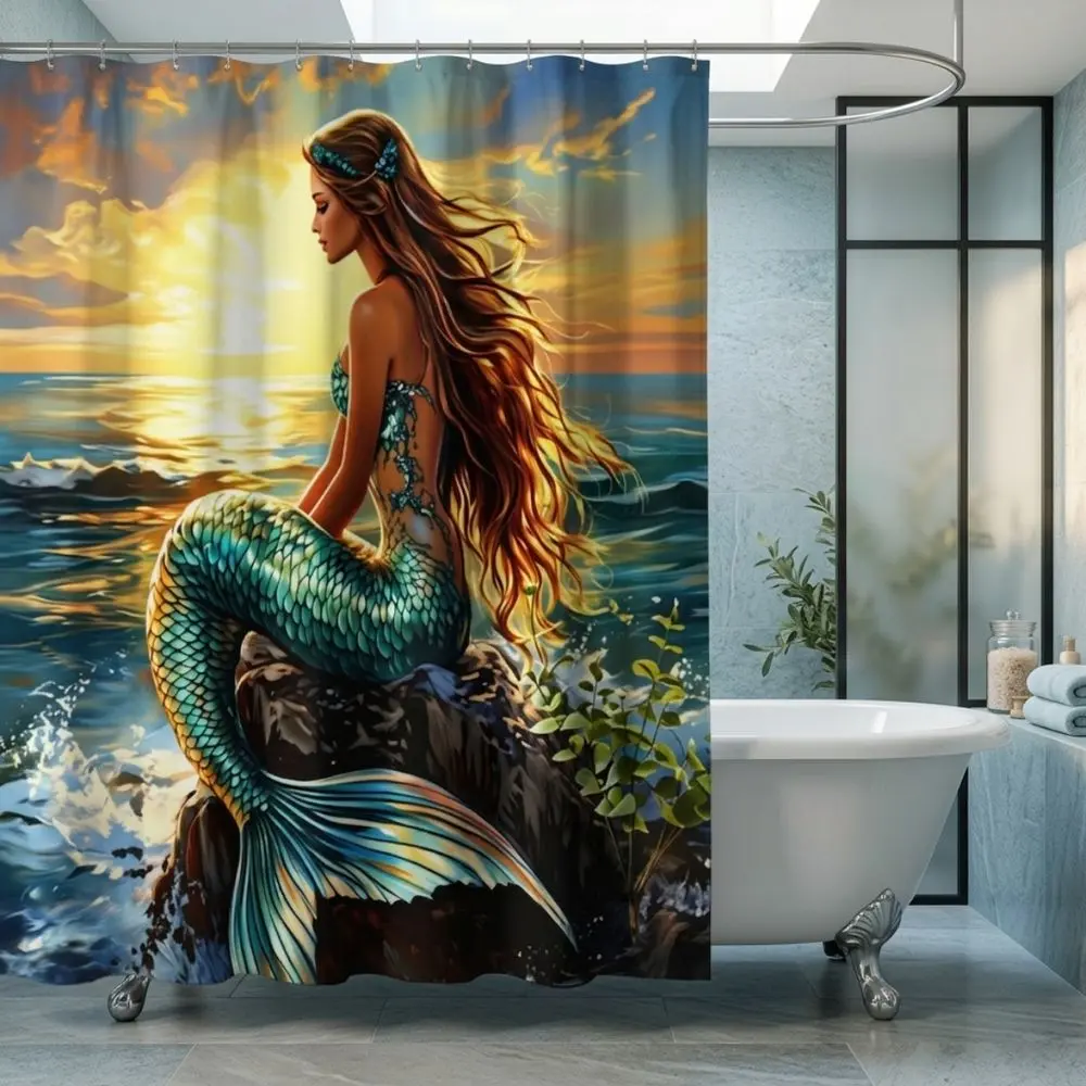 Mermaid on Rock Nautical Shower Curtain, Vibrant Seascape Art with Golden Sun and Teal Scales, Graceful Ocean Sunset Decor for Bathroom, Romantic Coastal Theme Home Accessories