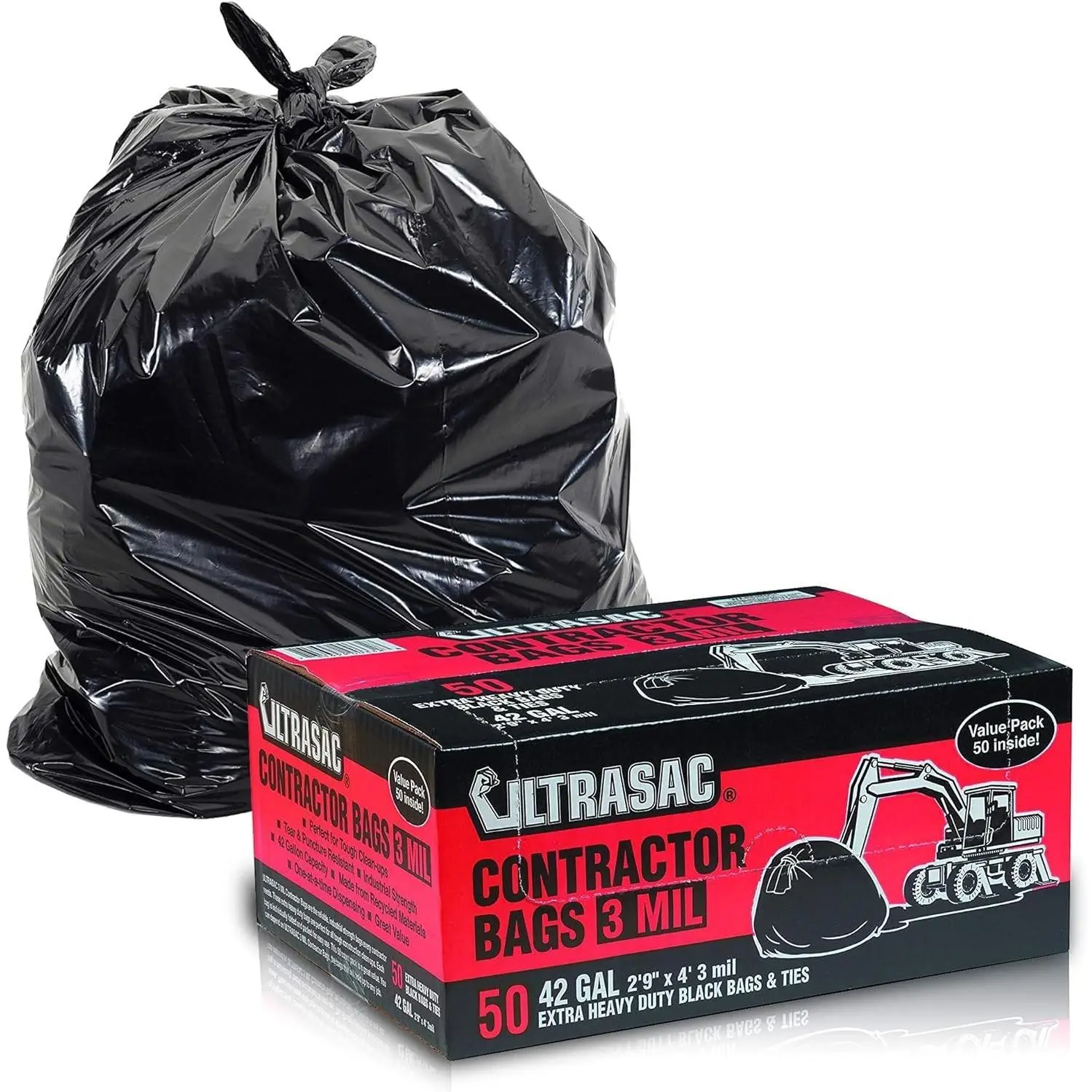 Construction Trash Bags, Heavy-Duty Contractor 42 Gal Black Industrial Garbage Bags (32.75" x 47", 3 MIL Thick) - 50-Pack with Ties for Commercial Use