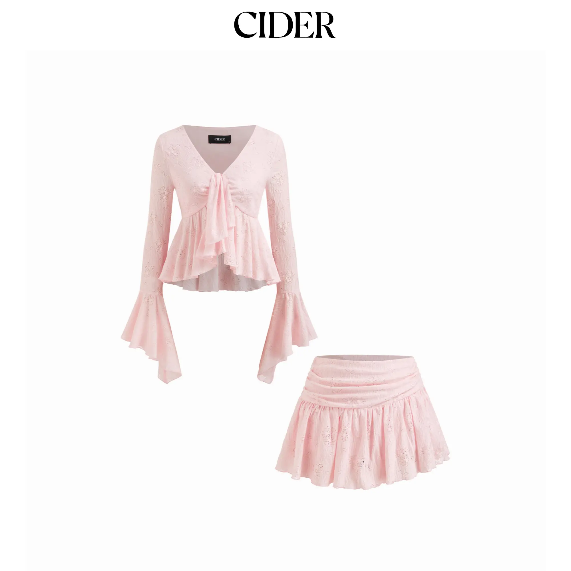 Cider Lace V-neck Pointelle Bell Sleeve Crop Top With Ruched Mini Skirt Set
