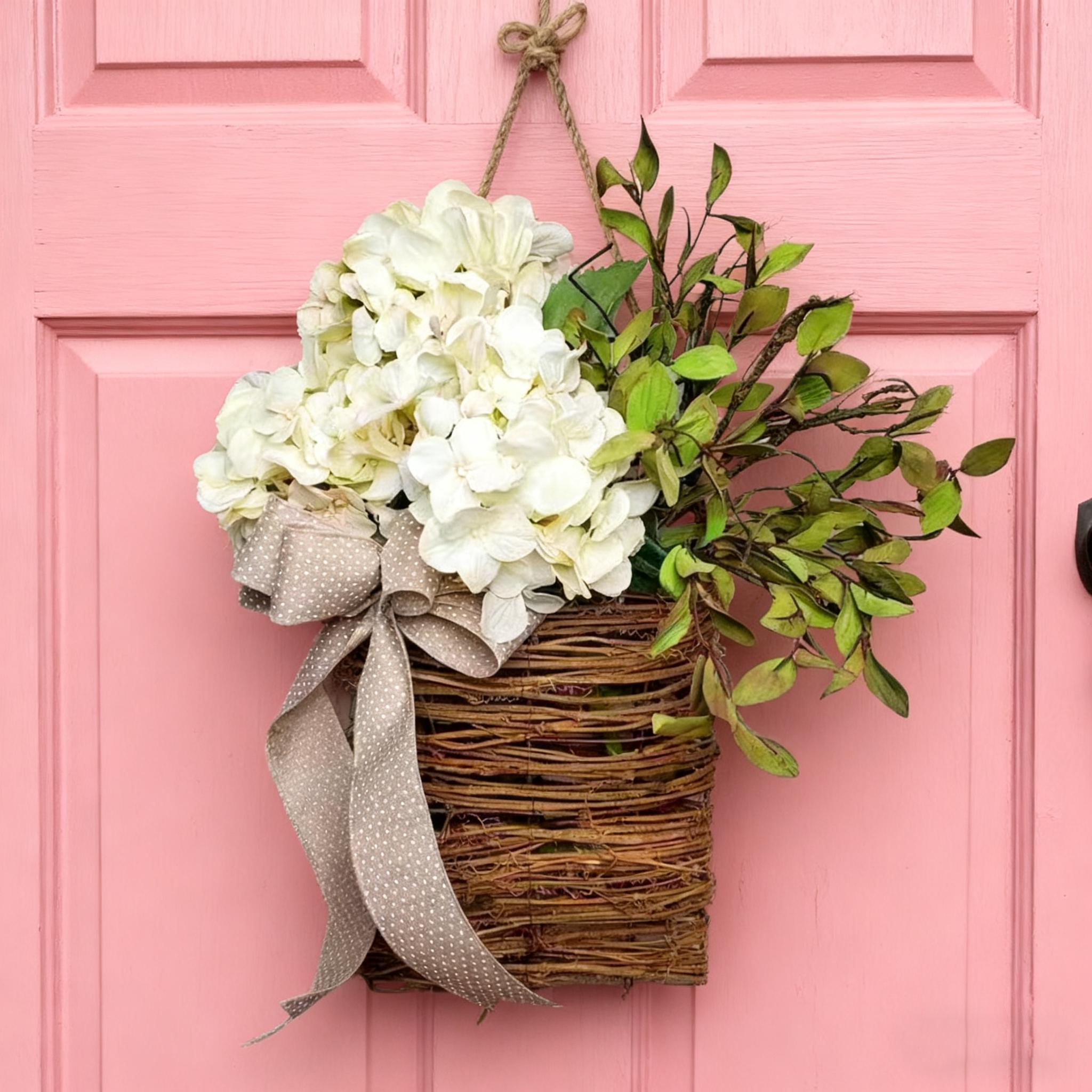 14" Cream Hydrangea Door Basket Wreath - Modern Farmhouse Floral Hanger for Front Door, Porch & Spring/Summer Aesthetic Home Decor Artificial Flower Bouquet Artificial Plants