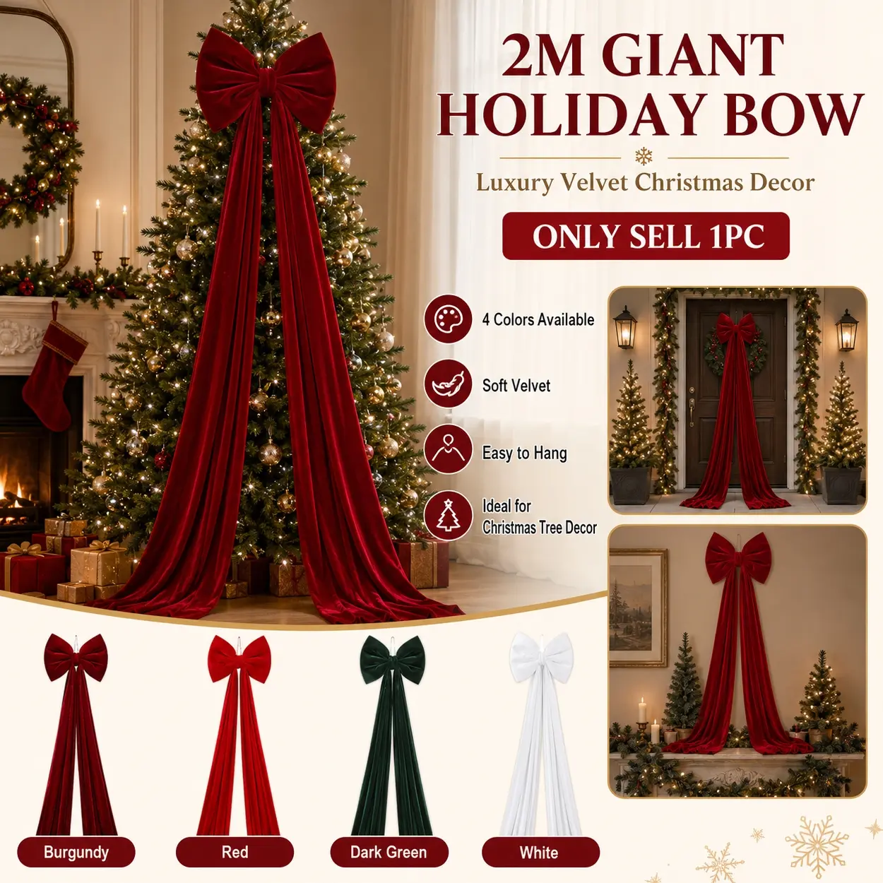 Extra Large Christmas Bow for Room Decor, Giant Velvet Ribbon Ornament with 200cm Flowing Tails, Pre-Tied Hanging Bow for Tree Top, Door, Wall, Window, Staircase, Porch and Fireplace, Ideal for Wedding, Holiday Party and Birthday Decoration