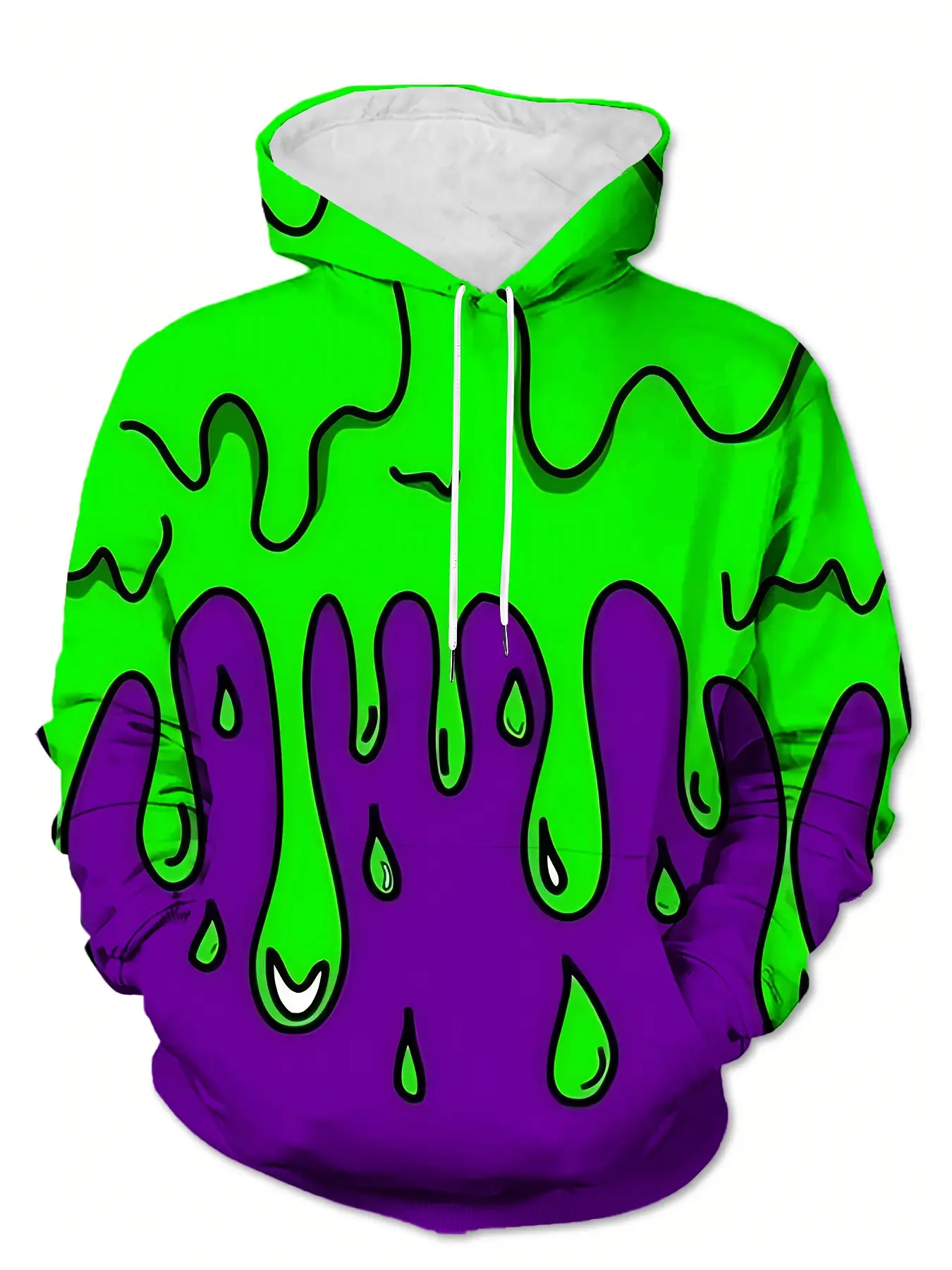 Men's hooded sweatshirt - Neon green and purple liquid drip pattern pullover, stretch knitted fabric for fitness, casual street style, suitable for daily use and sports activities, outdoor fitness trend piece, comfortable material